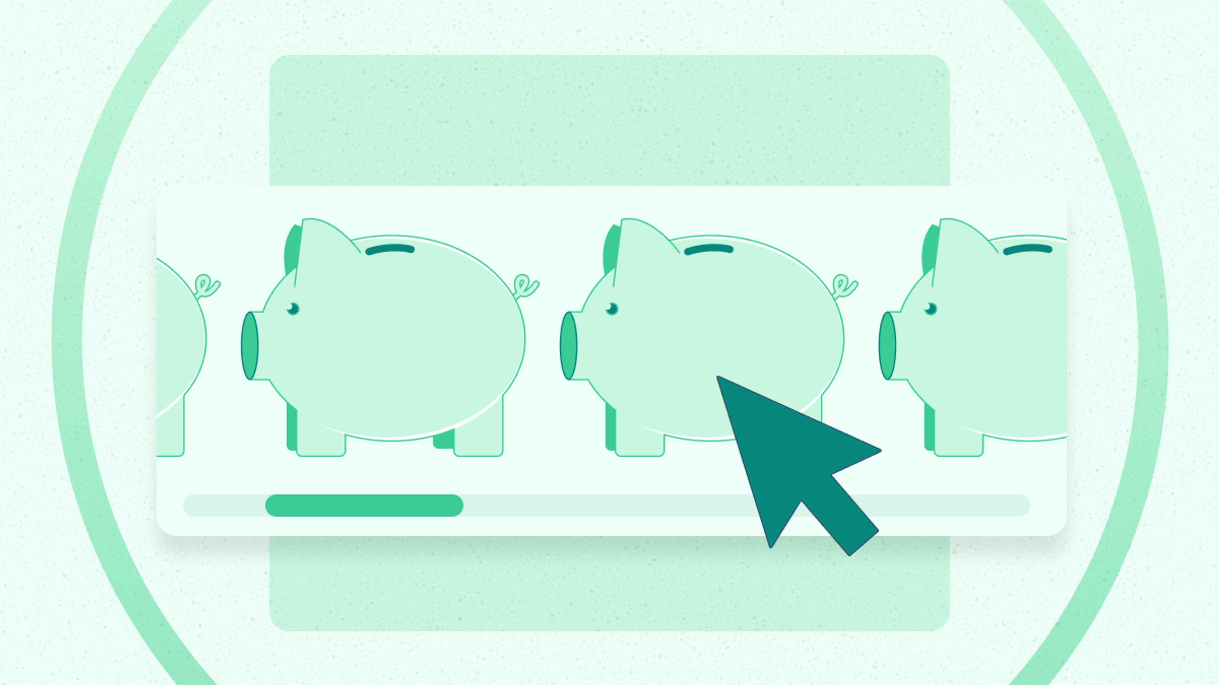Illustration of three piggy banks in a row, with a large cursor clicking on the center piggy bank and a progress bar below them.