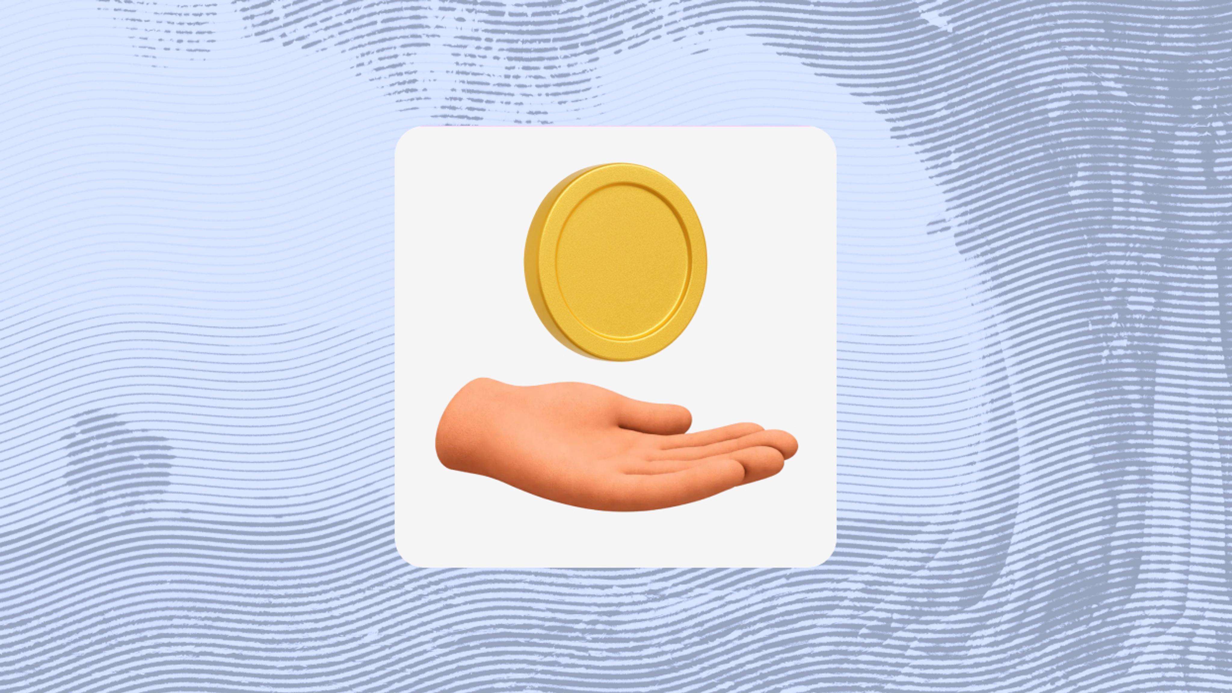 Illustration of an open hand holding a gold coin against a light background with abstract wave patterns
