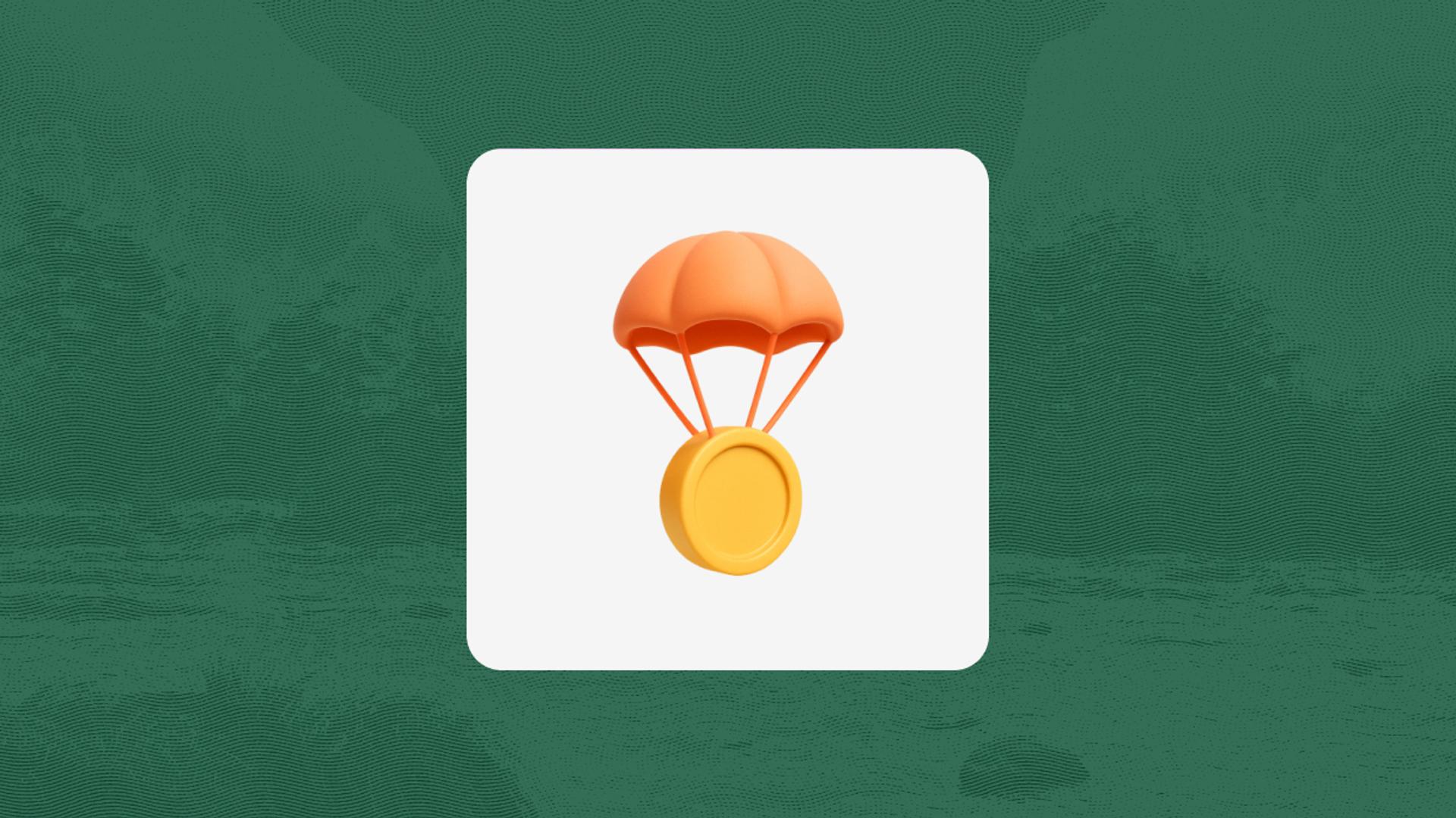 Illustration of a gold coin descending by parachute against a light gray square backdrop on a textured green background, symbolizing savings, investments, retirement contributions, or financial growth.