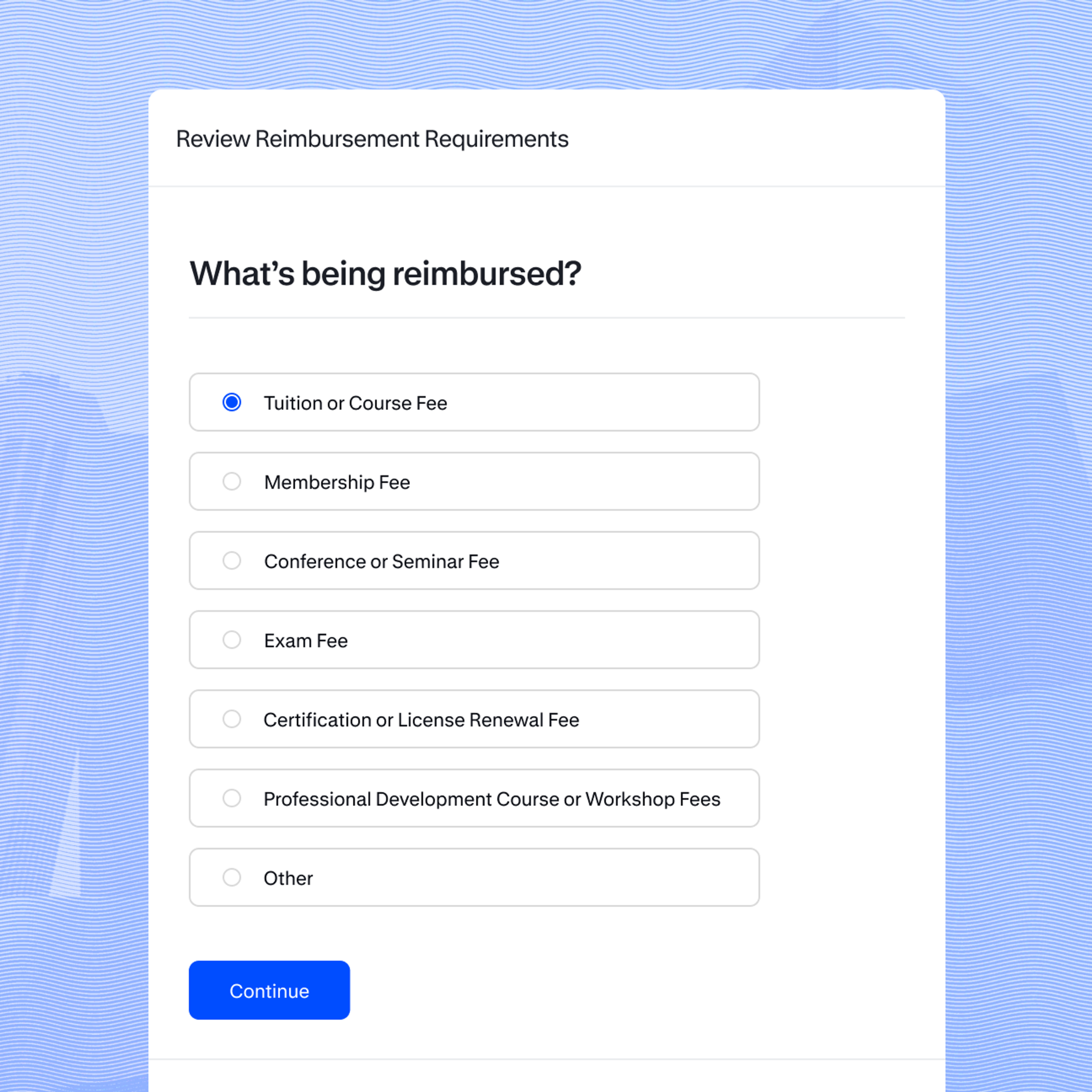 Screen showing list of options to select for type of reimbursement.