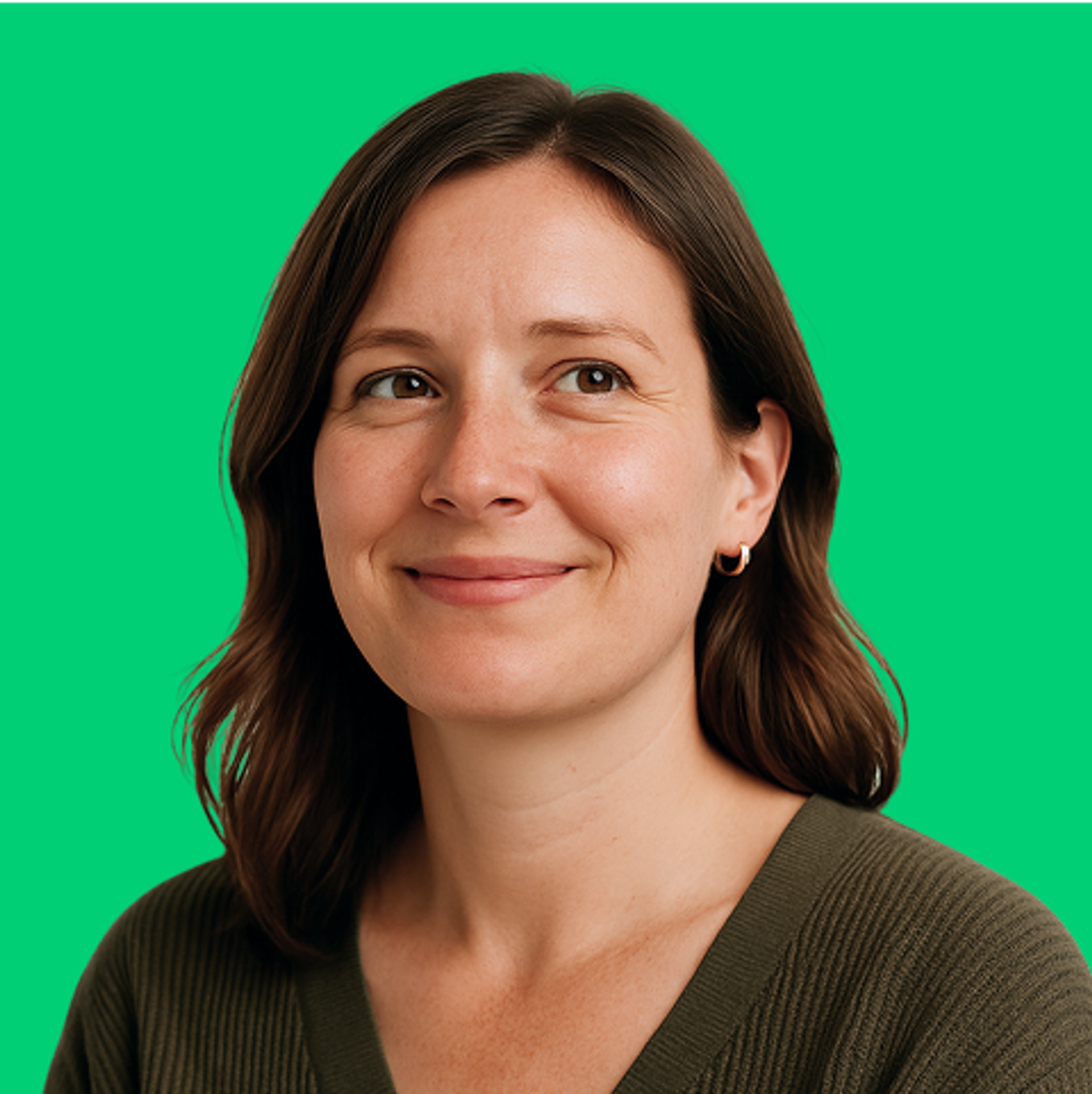A woman with medium-length brown hair and a slight smile looks off to the side. She is wearing a green sweater and small hoop earrings, with a bright green background behind her.