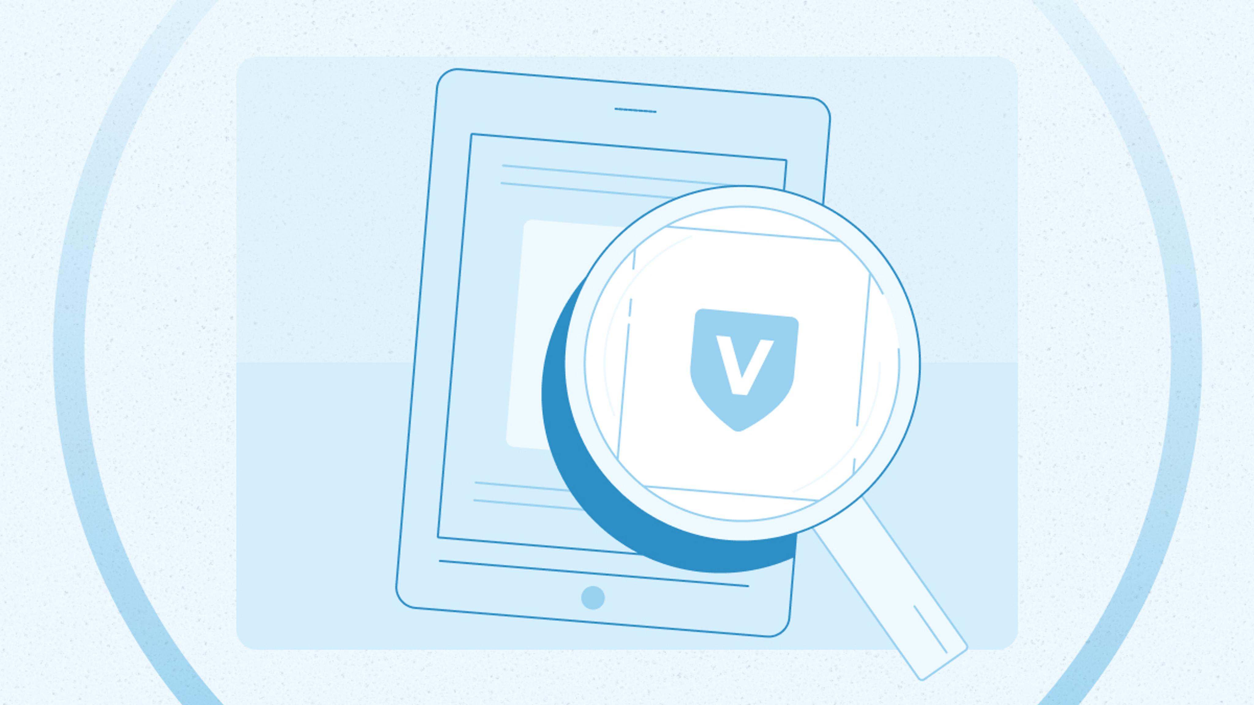 A tablet displaying a document with a magnifying glass focused on a shield icon featuring the letter "V".