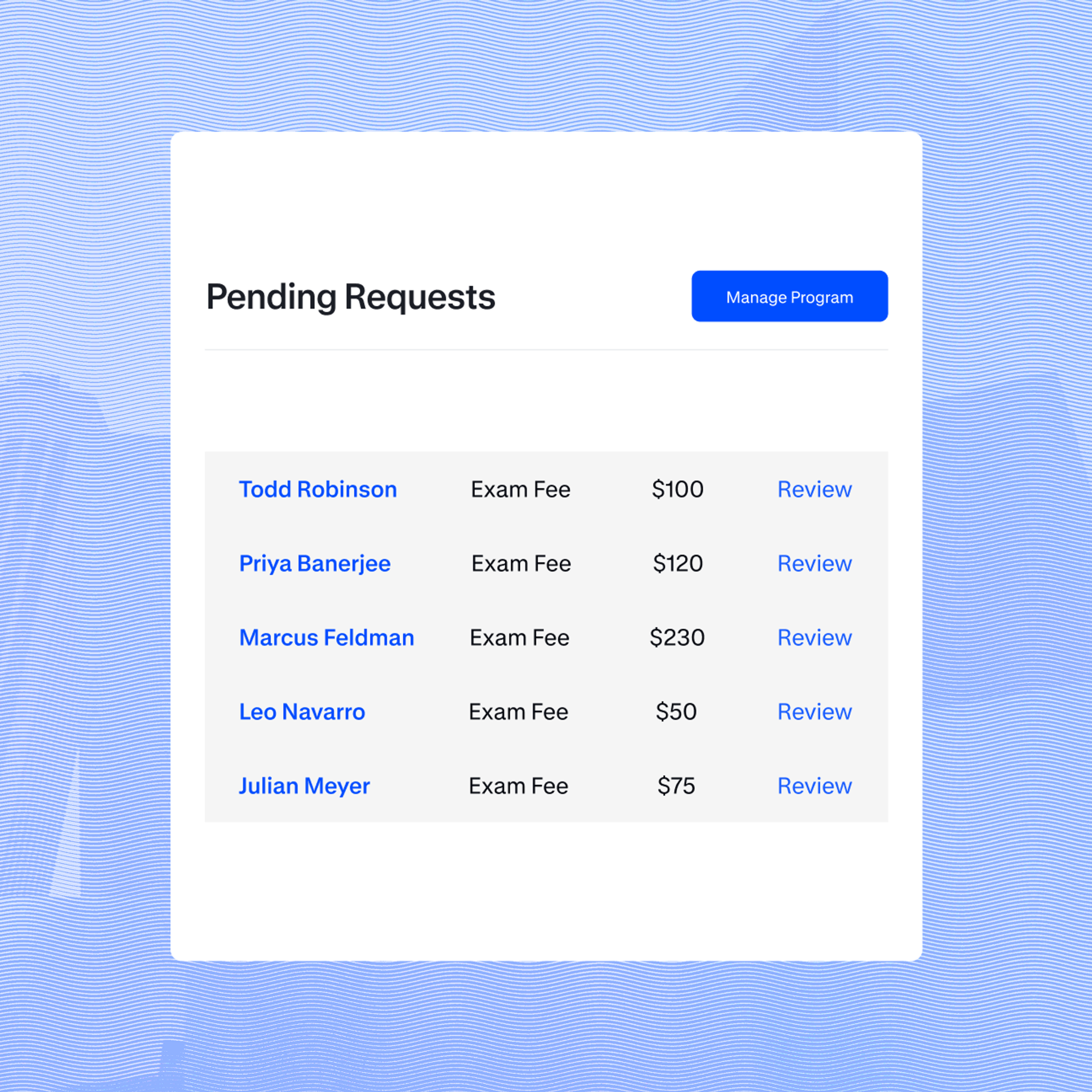 Image of pending tuition reimbursement requests with options to review and manage. 