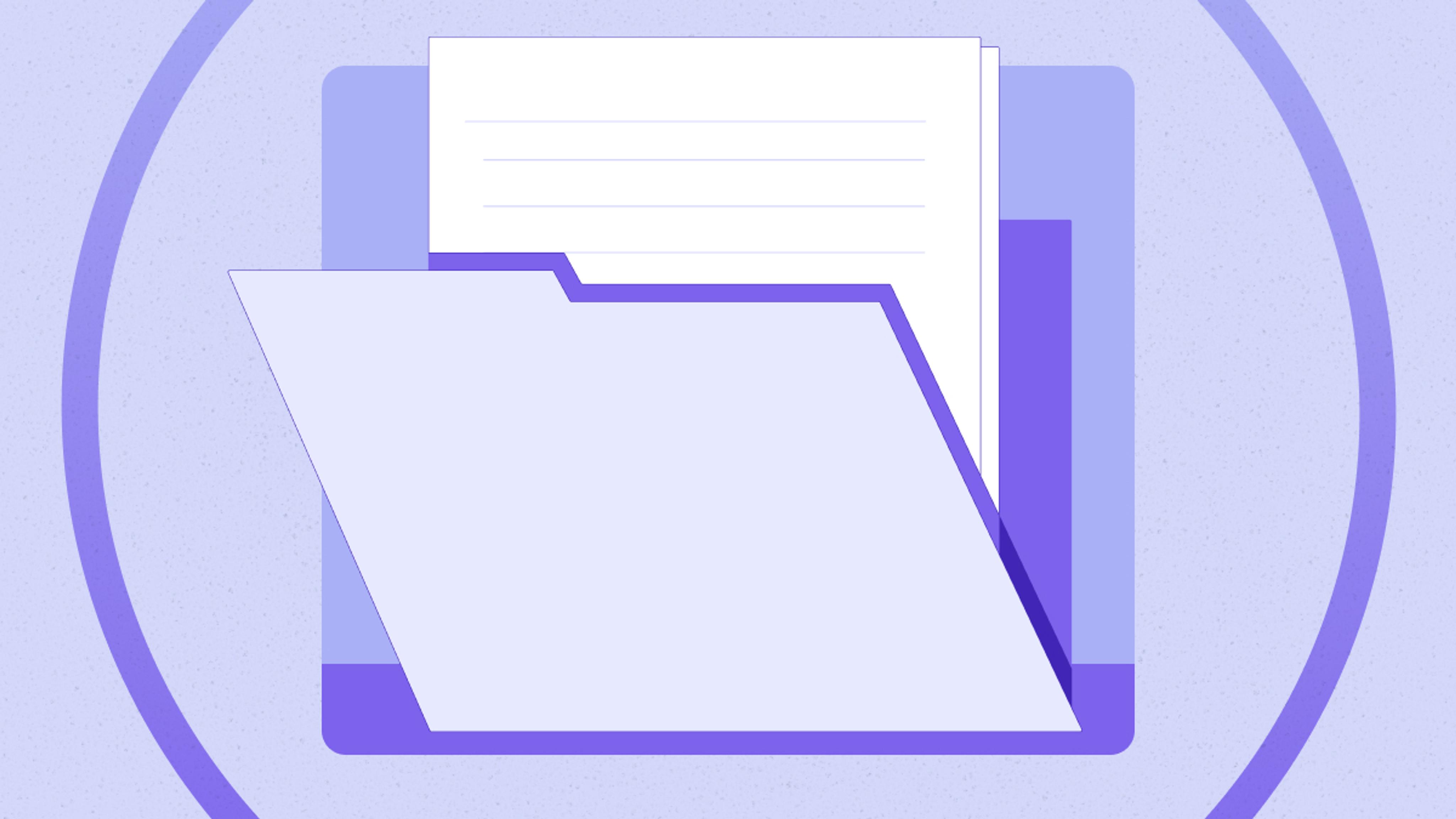 Illustration of an open folder with several sheets of paper inside, set against a purple and light blue background with circular accents.