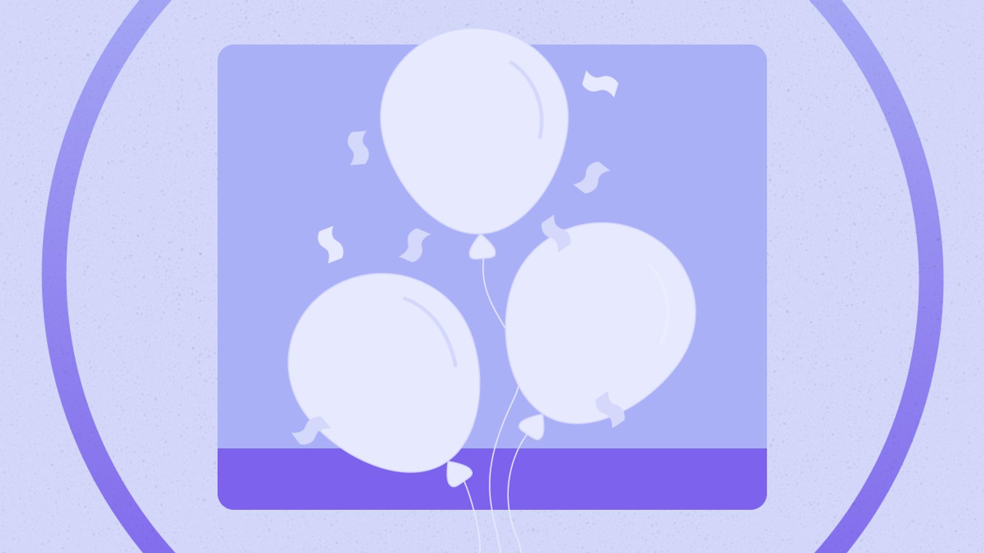 Illustration of three light-colored balloons with confetti floating in front of a purple square background.