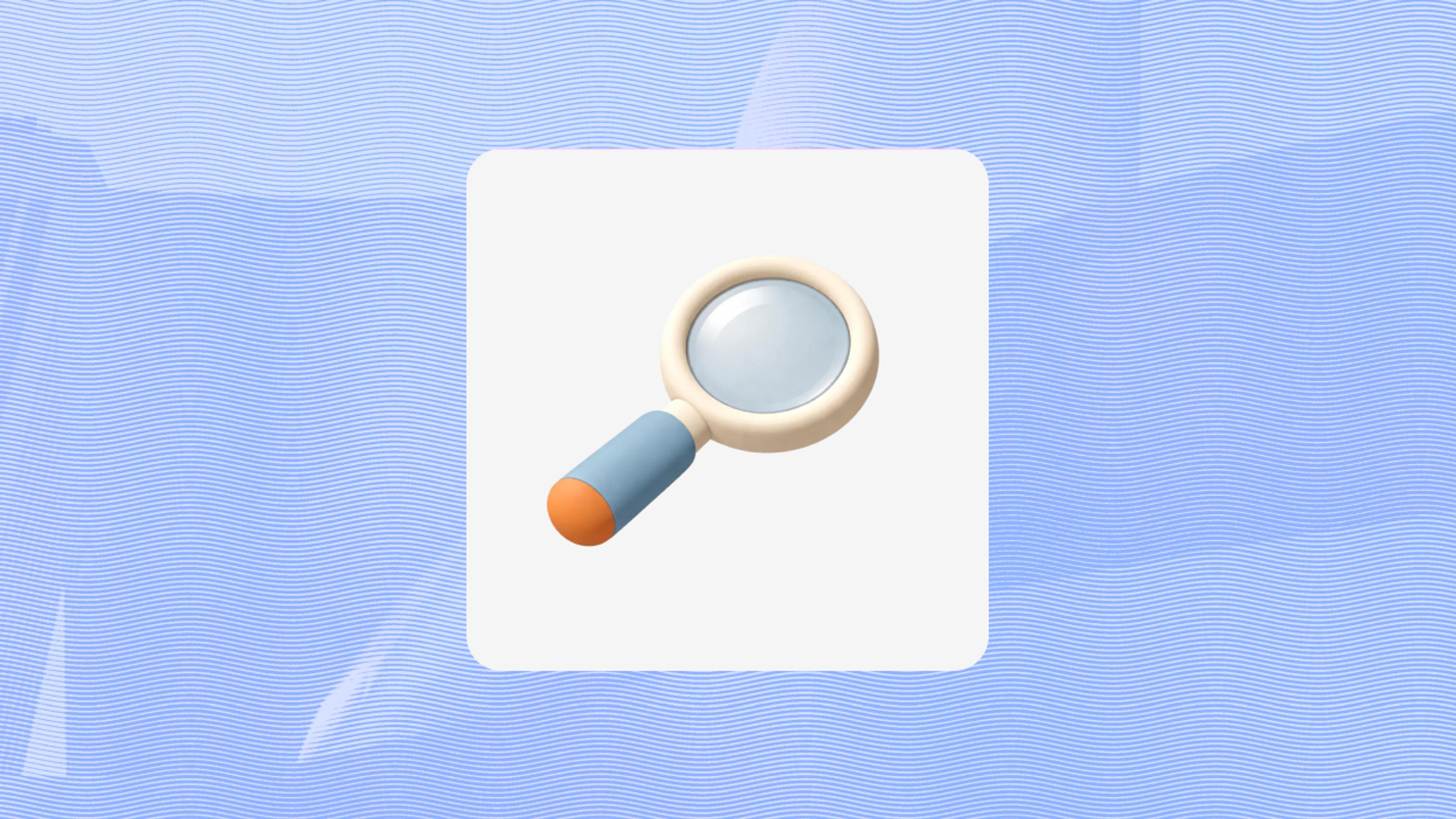 A simple 3D magnifying glass icon with a blue handle and orange tip, centered on a white square with a light blue wavy background.