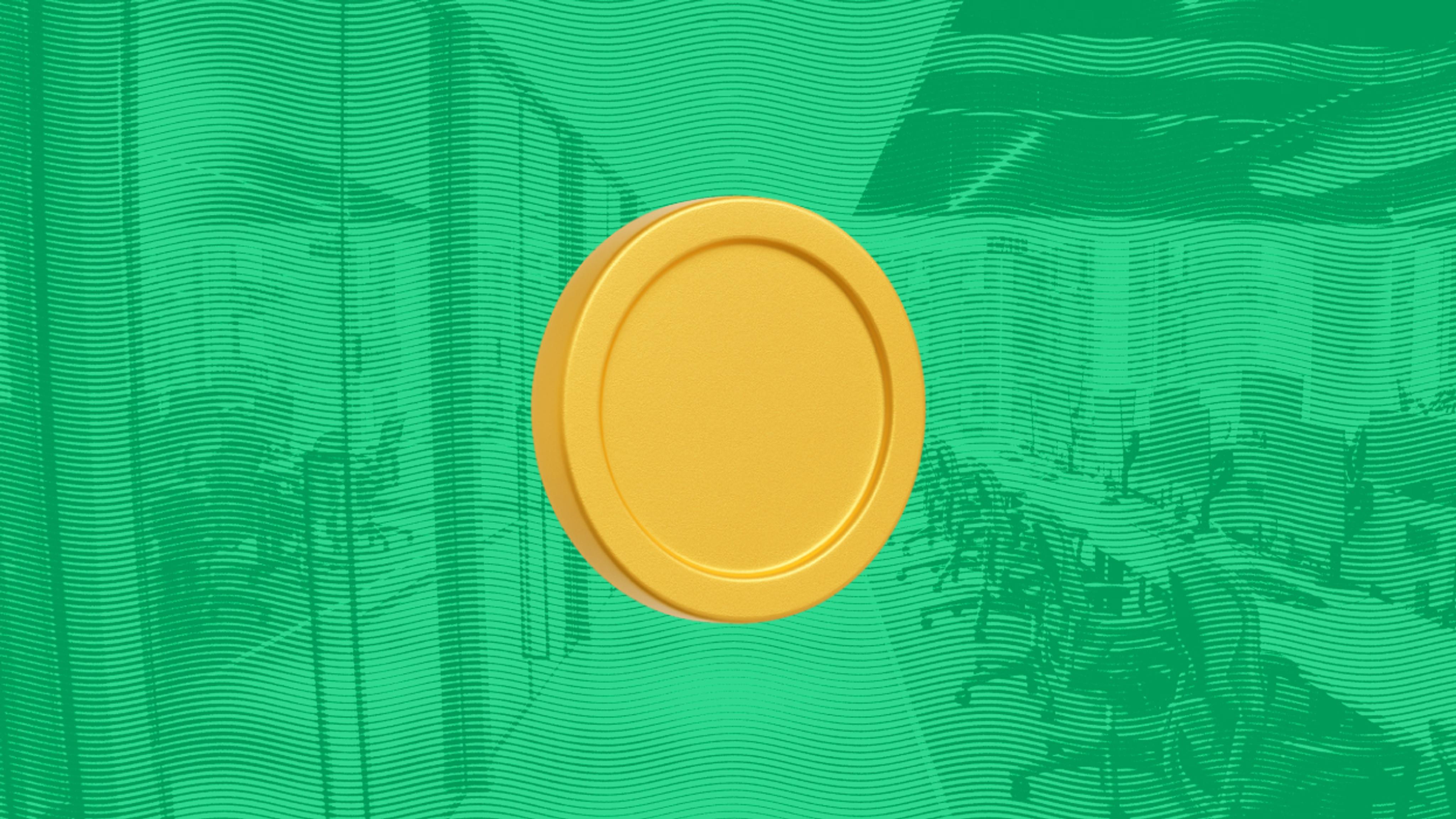A yellow coin on a textured green background with subtle horizontal lines and abstract shapes, creating a modern and vibrant tone.