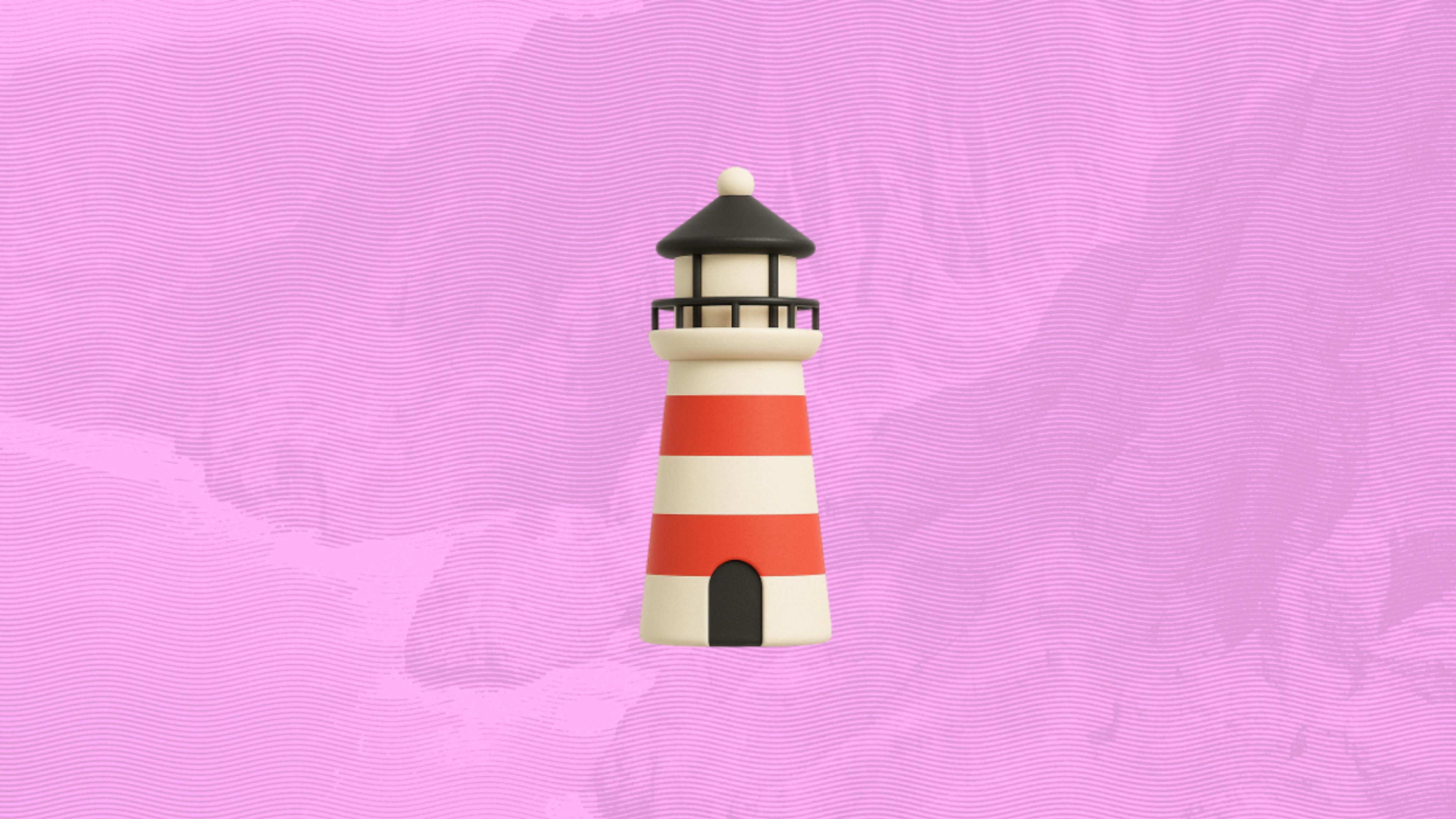 White lighthouse with red stripes on pink background