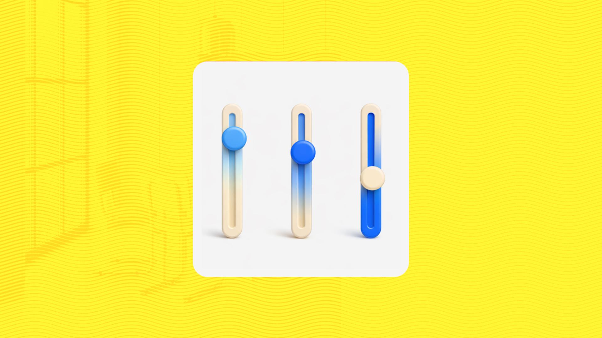 Illustration of three vertical slider controls with blue and cream knobs at different positions, centered on a white card against a yellow textured background, representing adjustable settings or personalization options.