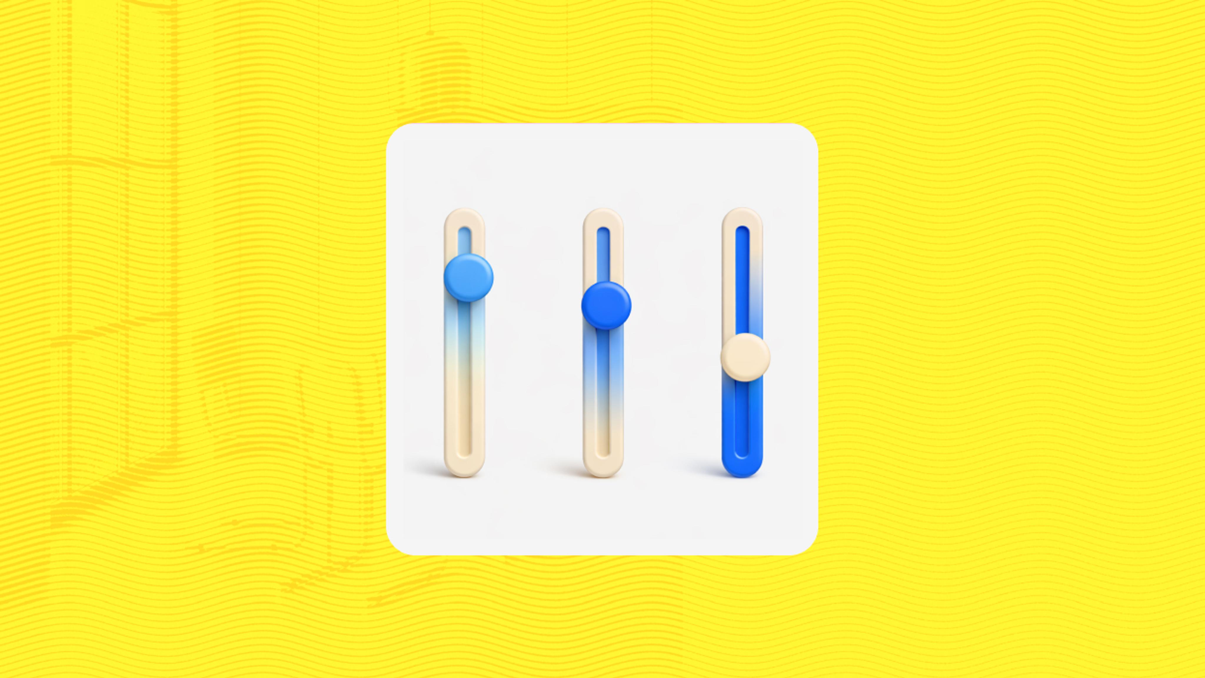 Illustration of three vertical slider controls with blue and cream knobs at different positions, centered on a white card against a yellow textured background, representing adjustable settings or personalization options.