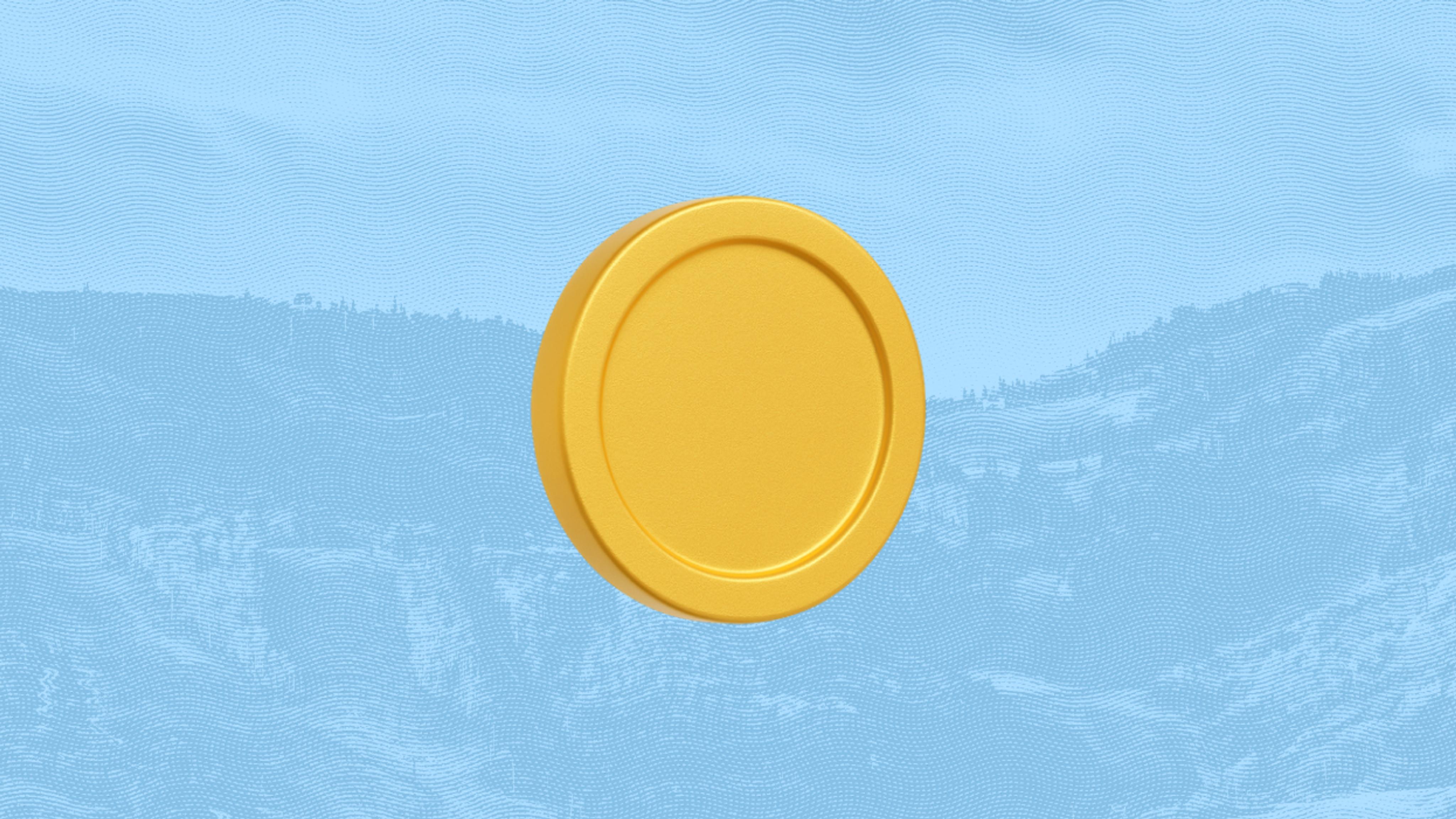 A yellow, round disc set against a light blue, textured background resembling a landscape. The scene conveys a minimalist and modern tone.