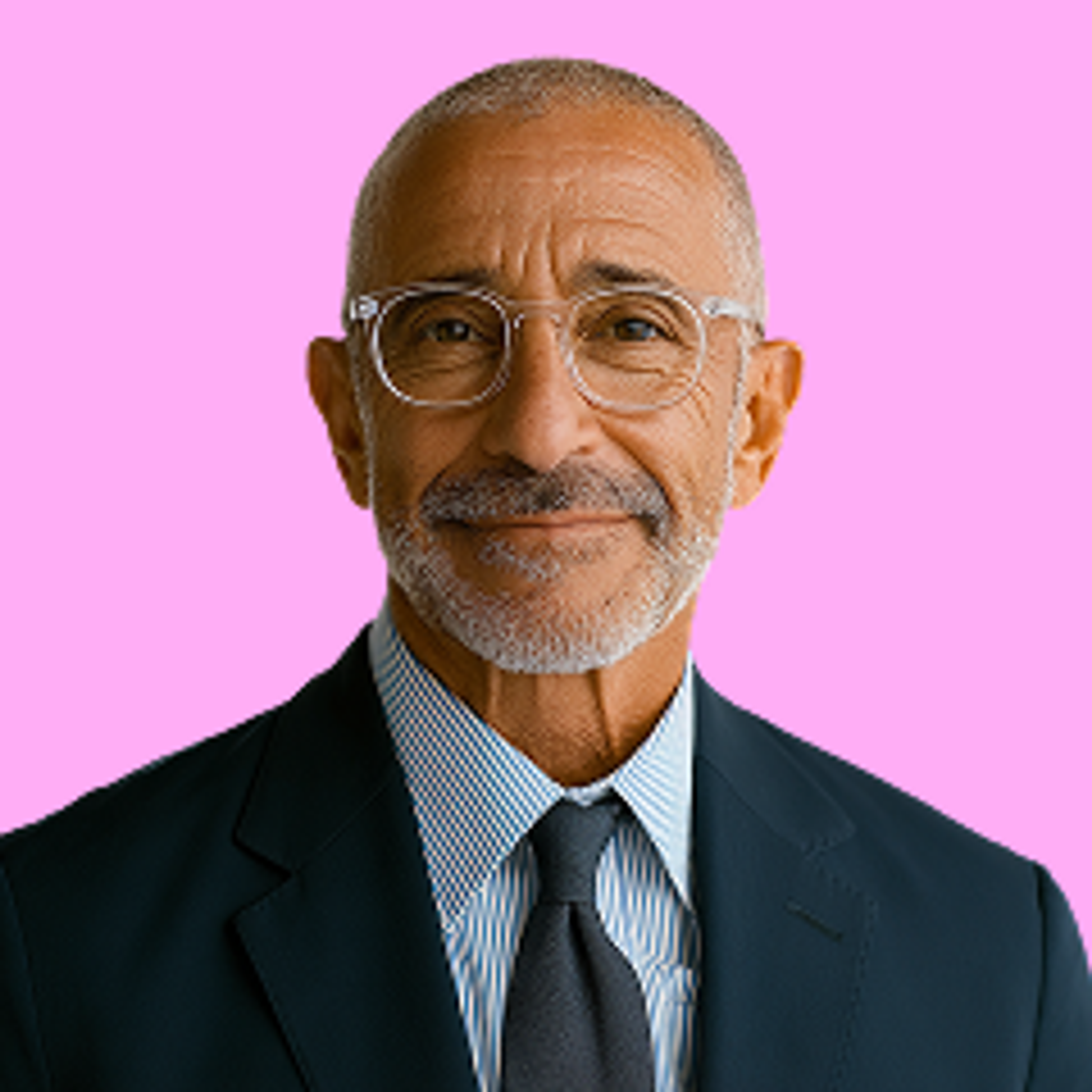 A smiling older man with gray hair, a beard, and glasses wears a suit and tie. He stands in front of a solid pink background.