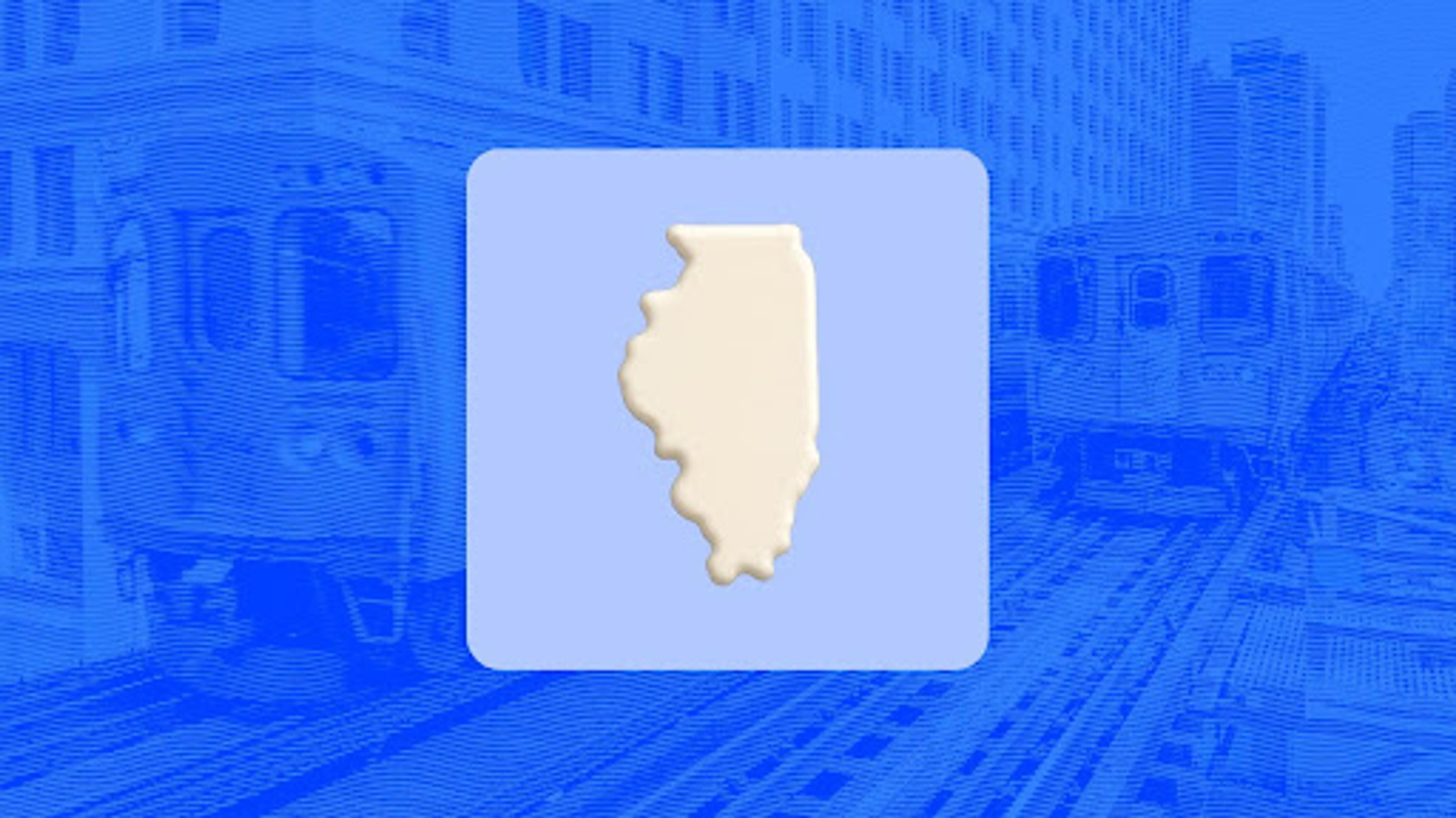 Beige silhouette of Illinois centered in a rounded light-blue square over a blue city street background with a train and buildings.