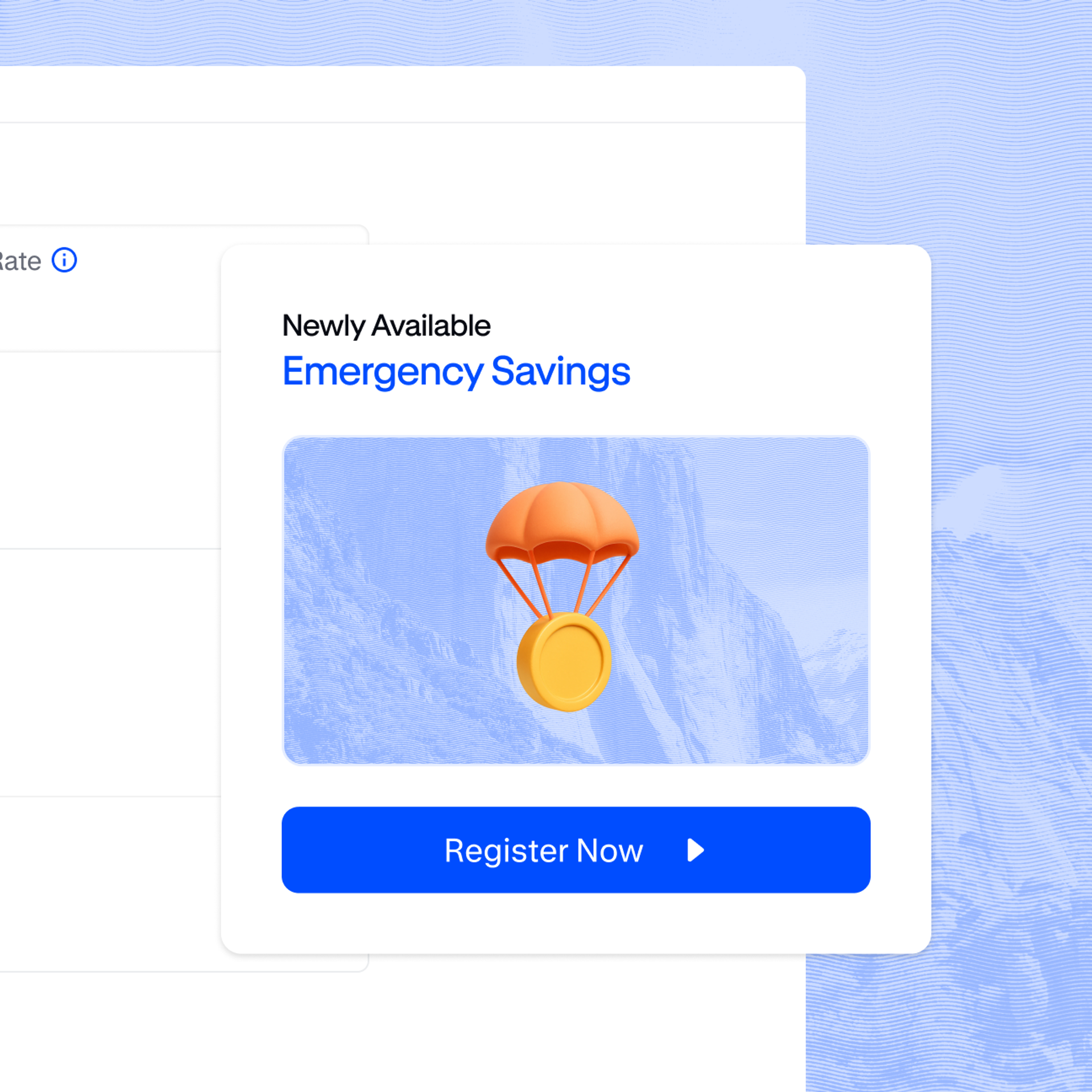 Popup promoting newly available emergency savings with a register now button and an illustration of a coin descending by parachute.