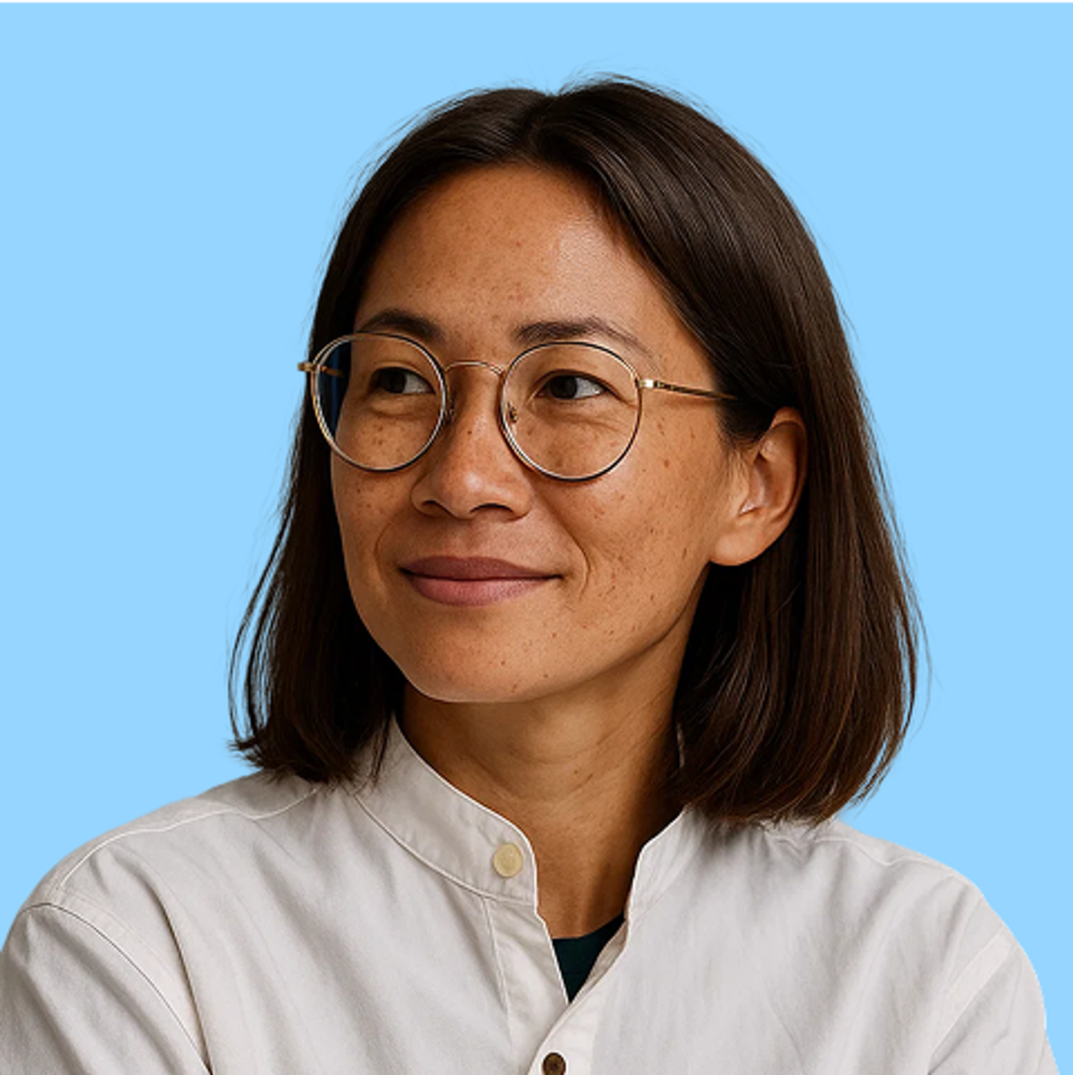 A person with straight brown hair, wearing round glasses and a white button-up shirt, looks slightly to the side and smiles gently. The background is a solid light blue.