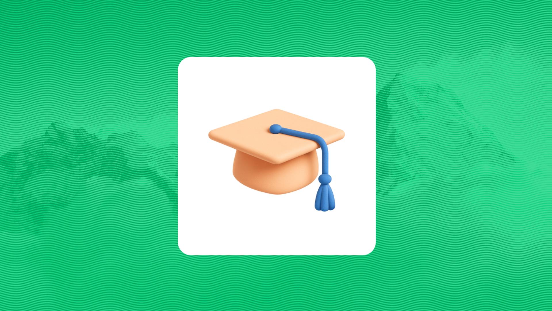 Icon of a graduation cap over an image of mountains with a hazy green overlay