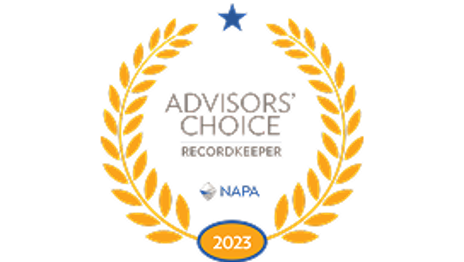 A gold laurel wreath surrounds a blue star and the text Advisors Choice Recordkeeper NAPA with an orange oval at the bottom displaying 2023.