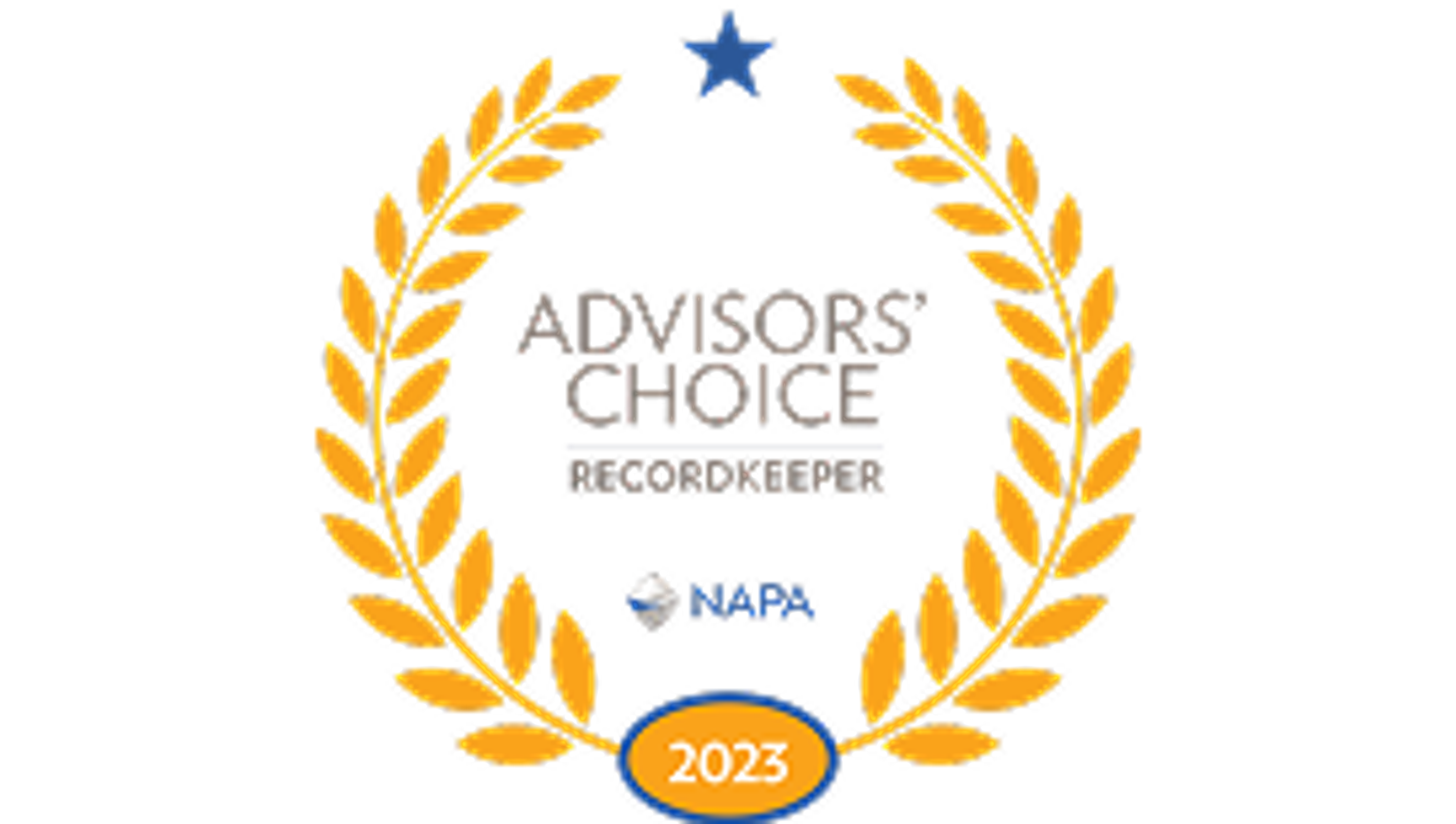 A gold laurel wreath surrounds a blue star and the text Advisors Choice Recordkeeper NAPA with an orange oval at the bottom displaying 2023.