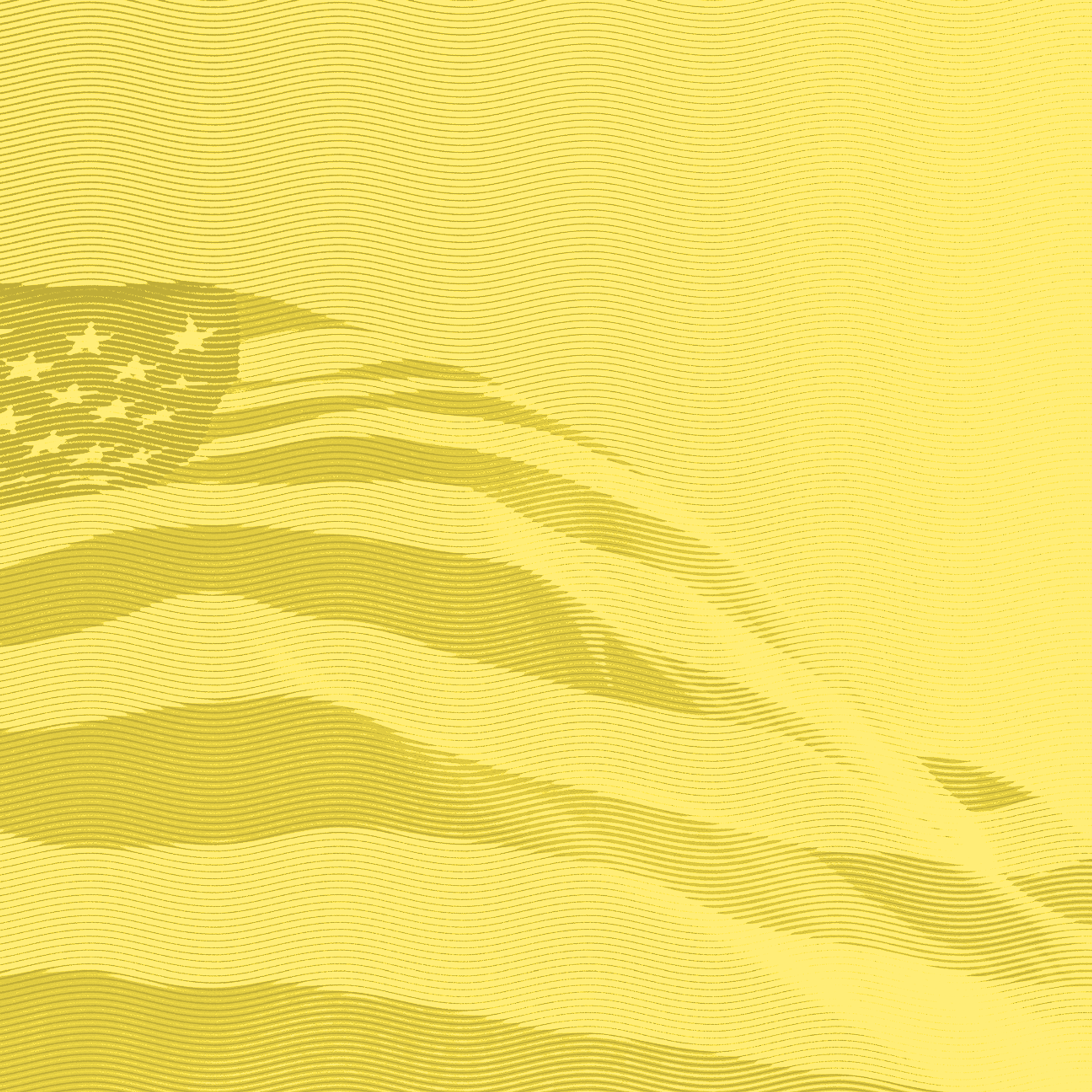 Yellow-toned abstract illustration of the U.S. flag, with wavy lines creating a sense of motion. The stars and stripes are partially visible in the upper left corner, blending smoothly into the background.