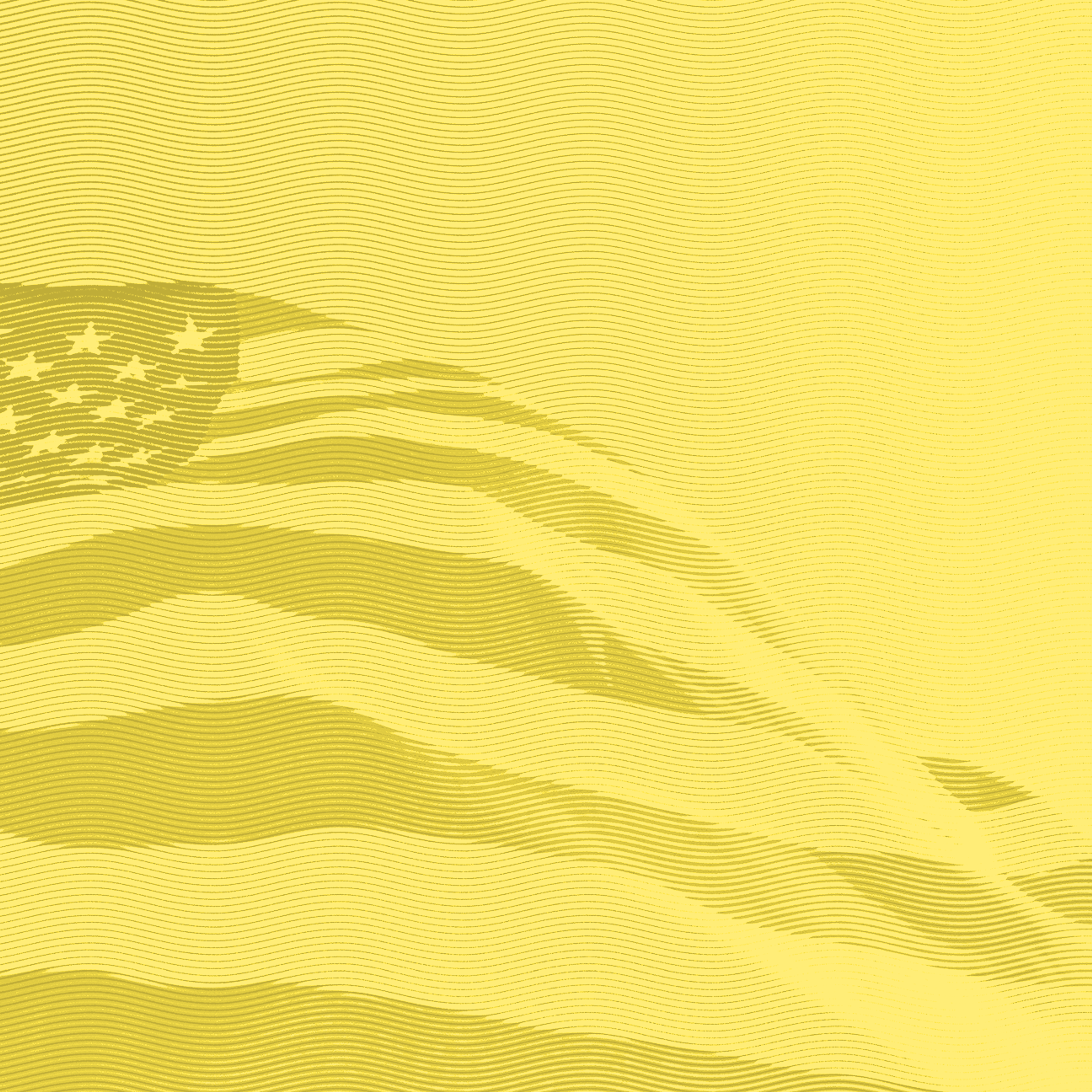 Yellow-toned abstract illustration of the U.S. flag, with wavy lines creating a sense of motion. The stars and stripes are partially visible in the upper left corner, blending smoothly into the background.