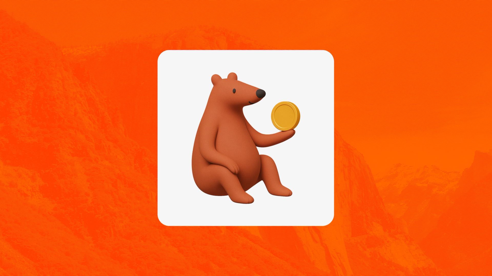 Illustration of a 3D-rendered brown bear sitting and holding a gold coin, on a white rounded-square card set against a textured orange background.