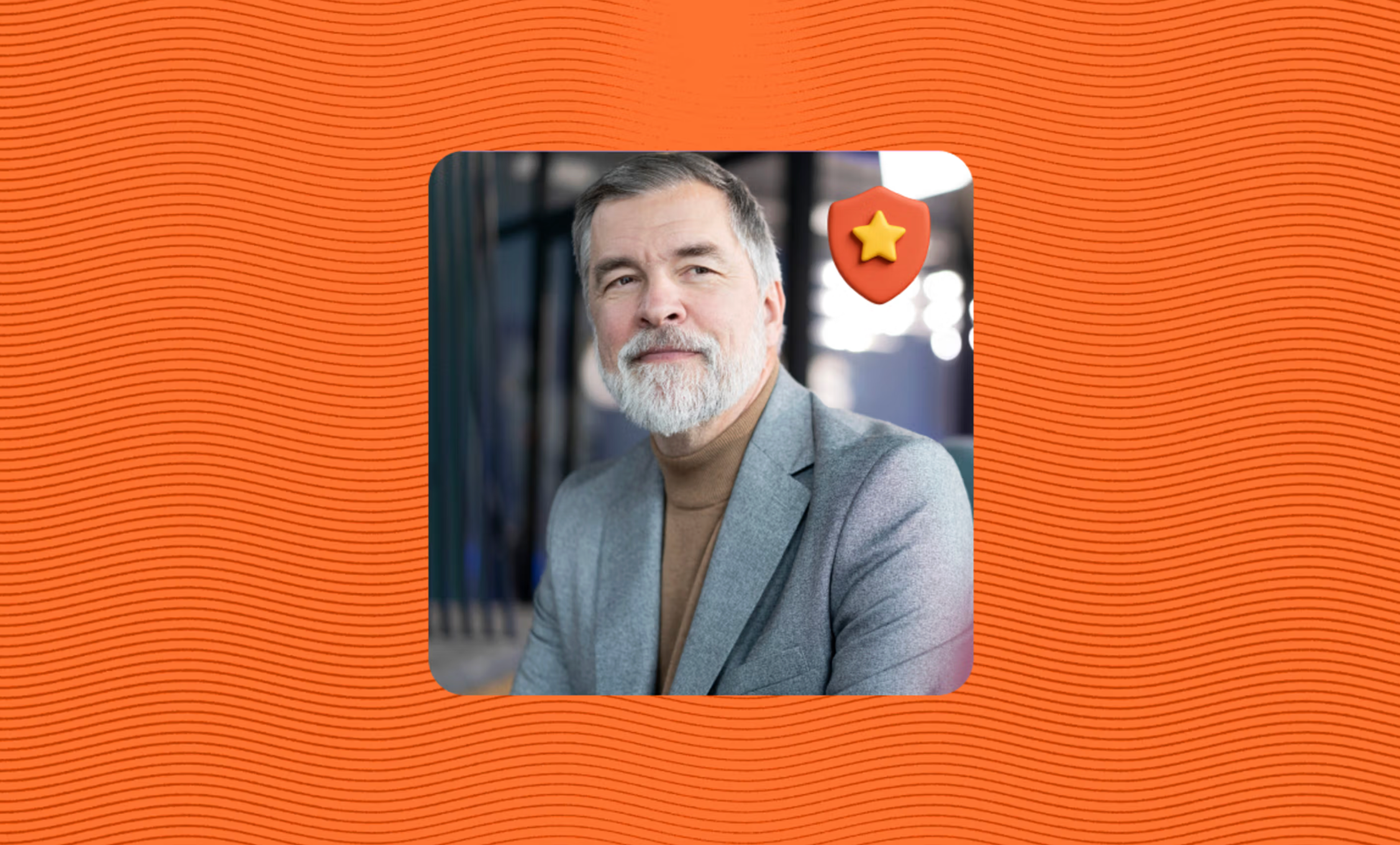 A professional headshot of an older man with gray hair and a beard wearing a blazer and turtleneck. A small shield icon with a star appears in the corner, set against an orange, wavy background.
