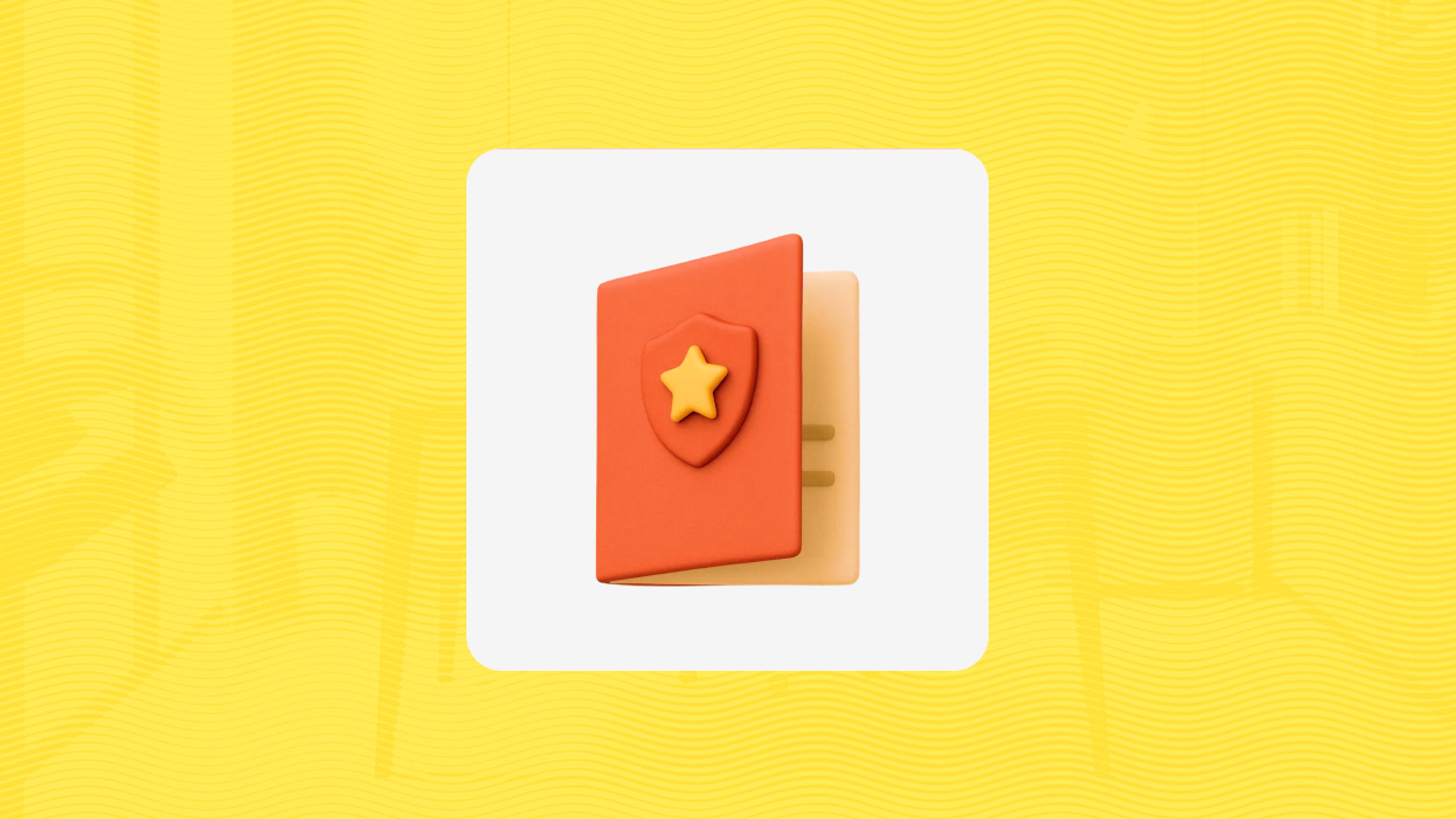 A stylized booklet icon with a shield and star on the cover appears centered on a yellow, wavy background, representing a guide or educational resource.