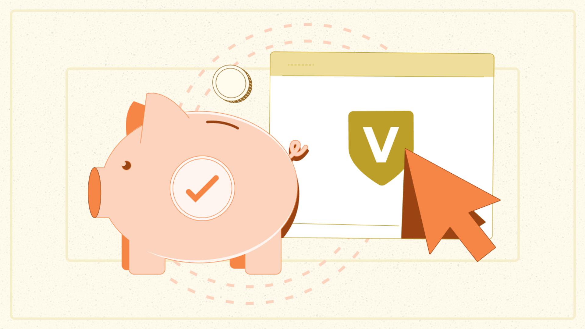 An illustrated piggy bank with a checkmark on its side sits next to a computer window displaying a gold shield with the letter “V.” A large cursor arrow points toward the shield, with coins and dotted motion lines suggesting saving or selecting a savings option.