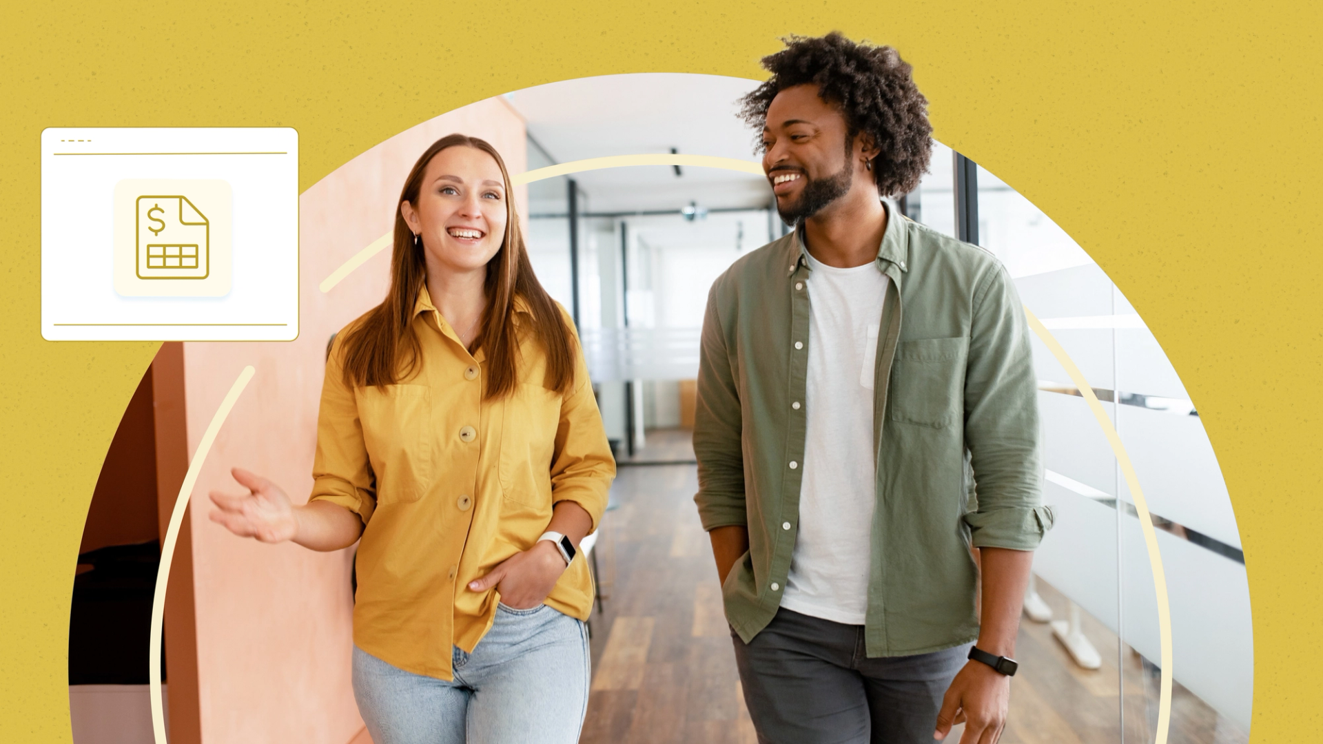 Two coworkers walk down a bright office hallway, smiling and talking. A small graphic of a financial icon appears in the corner, and a yellow circular design overlays the background.