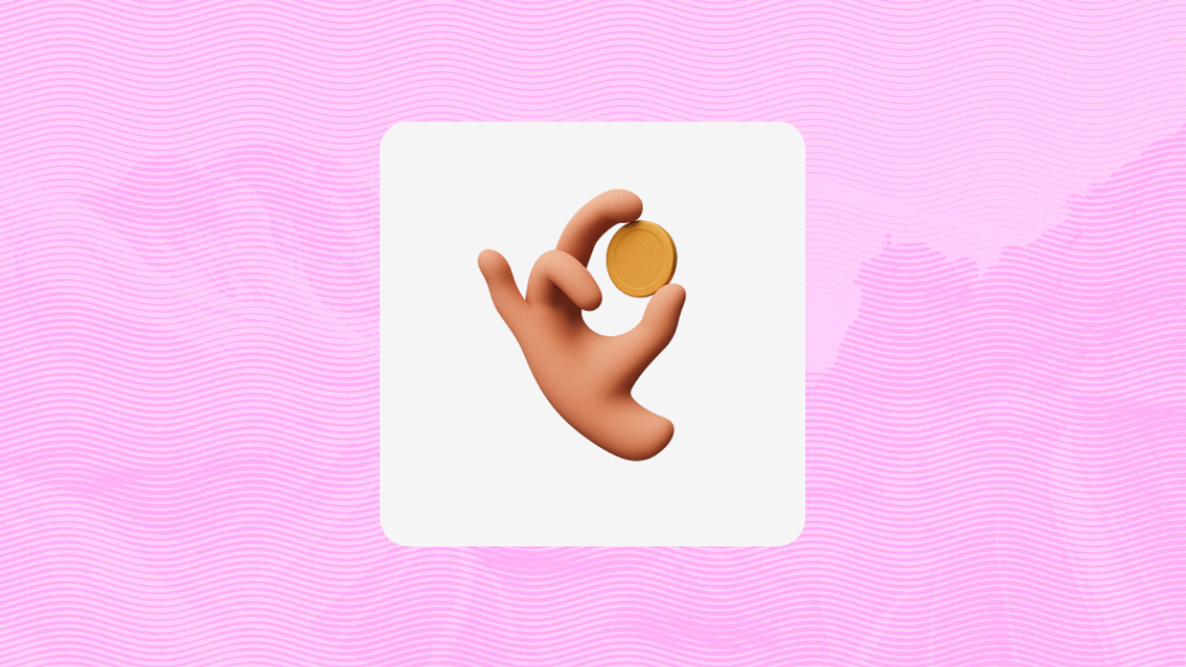 A 3D illustration of a hand holding a gold coin, centered on a white square with a pink wavy background.