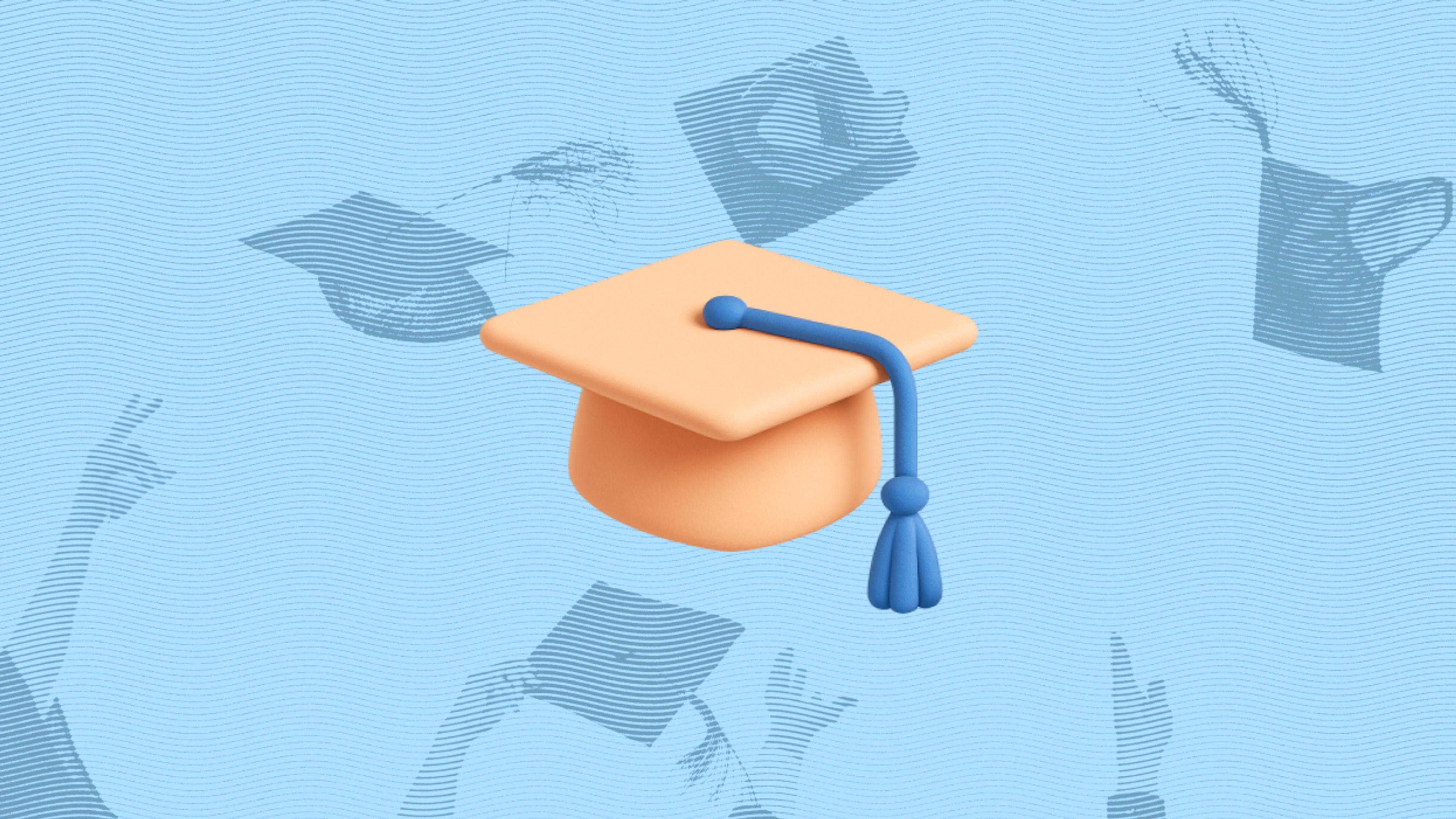 An orange graduation cap with a blue tassel centered on a textured blue background, featuring silhouettes of hands throwing caps, conveying celebration.