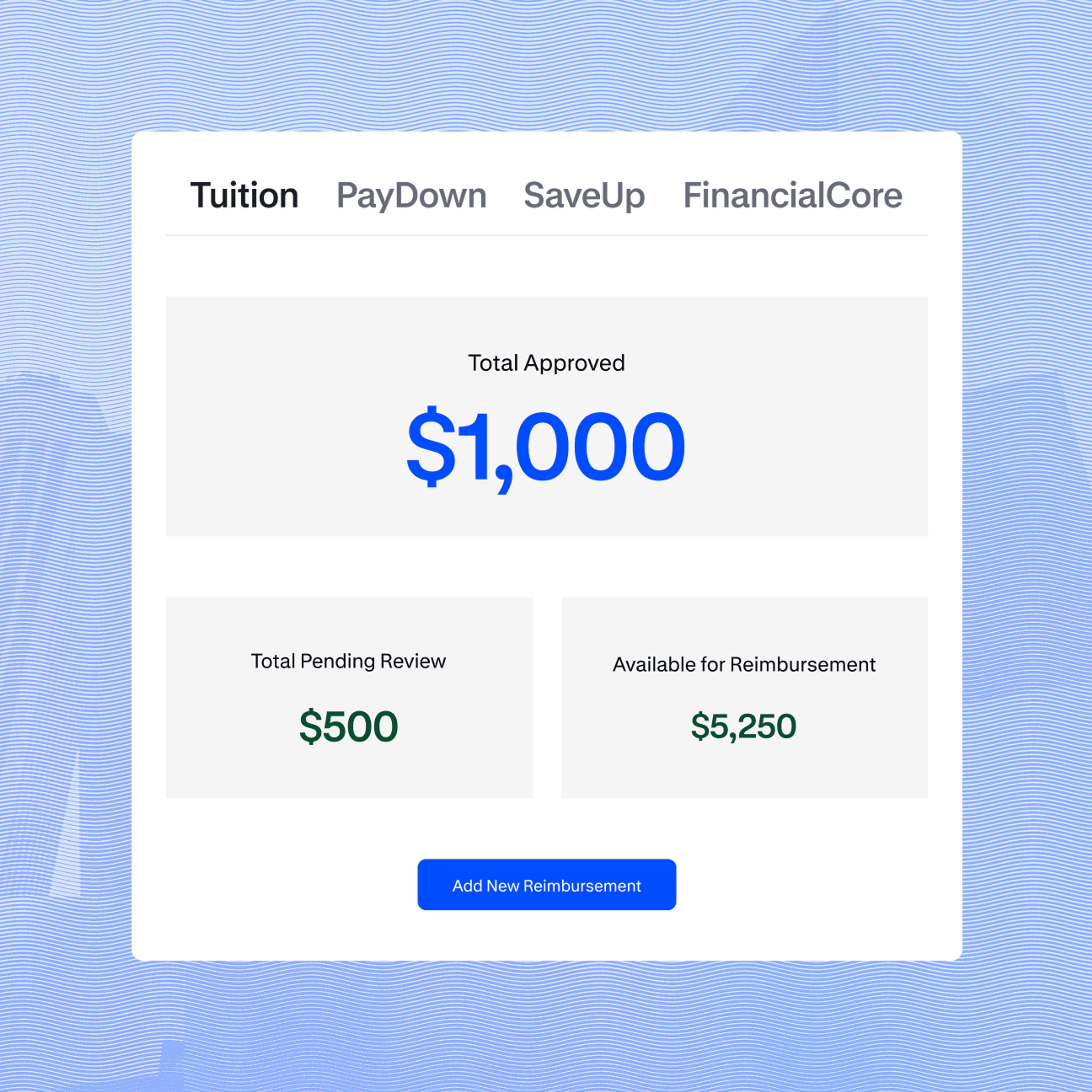 View of a tuition tab showing total amount approved, pending, and available for reimbursement. 