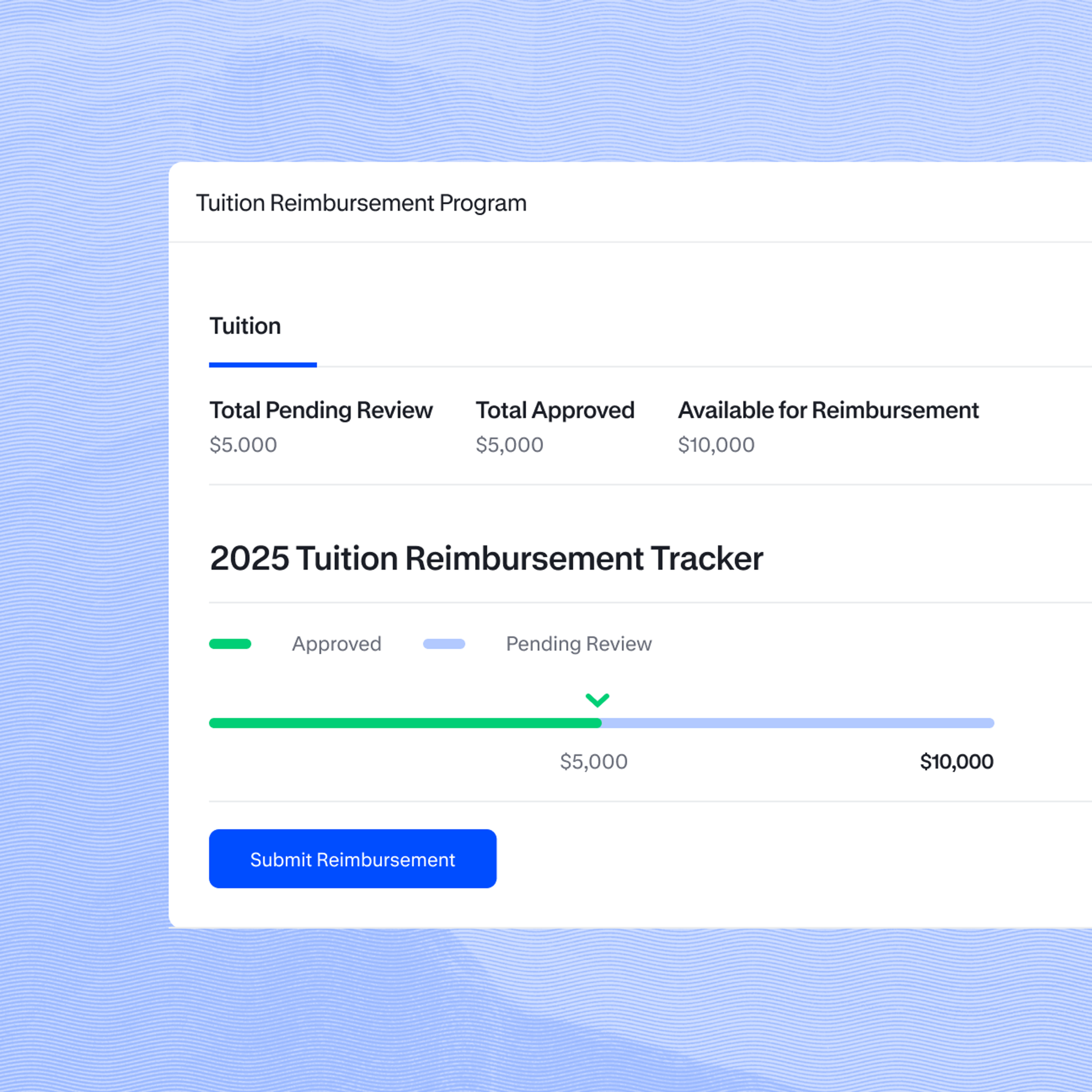 Tuition reimbursement tracker showing totals pending, approved, and available for reimbursement. 