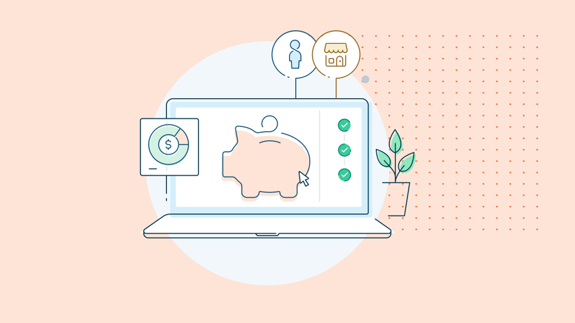 An illustration of a laptop displaying a piggy bank with a cursor pointing to it, alongside green checkmarks indicating completed steps. Icons above the screen represent an individual and a business, with a chart and a small plant shown nearby, suggesting online savings setup or plan management.