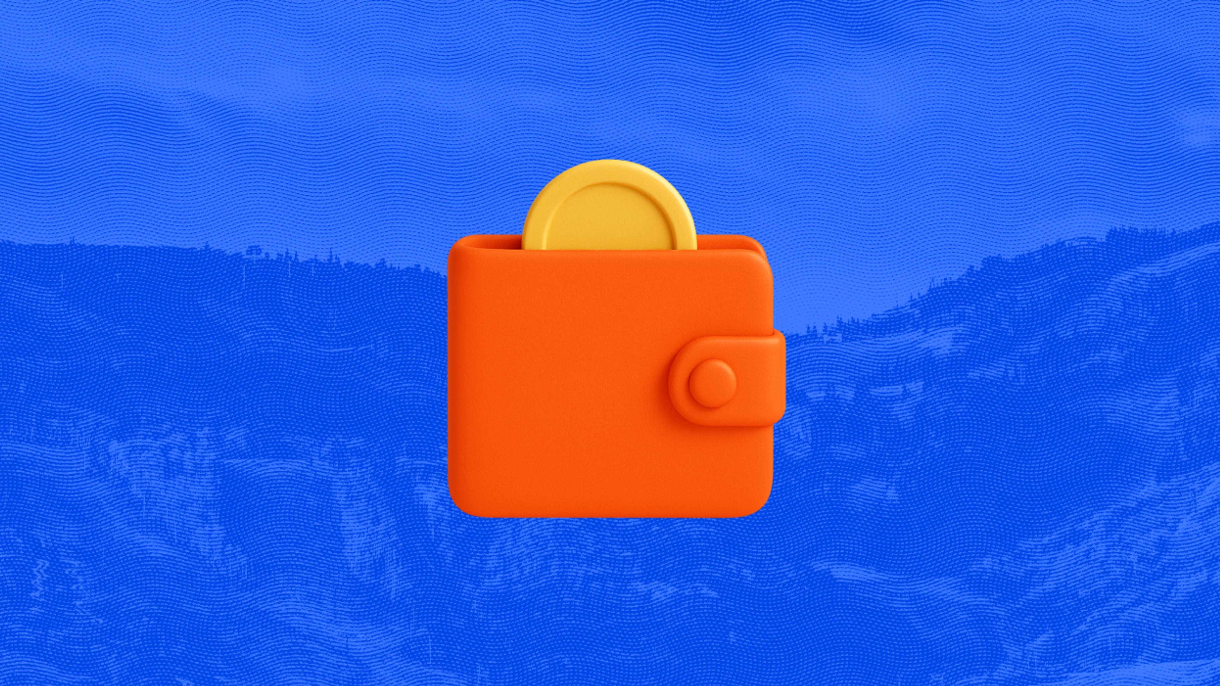 Illustration of an orange wallet with a gold coin inside, set against a blue textured background.