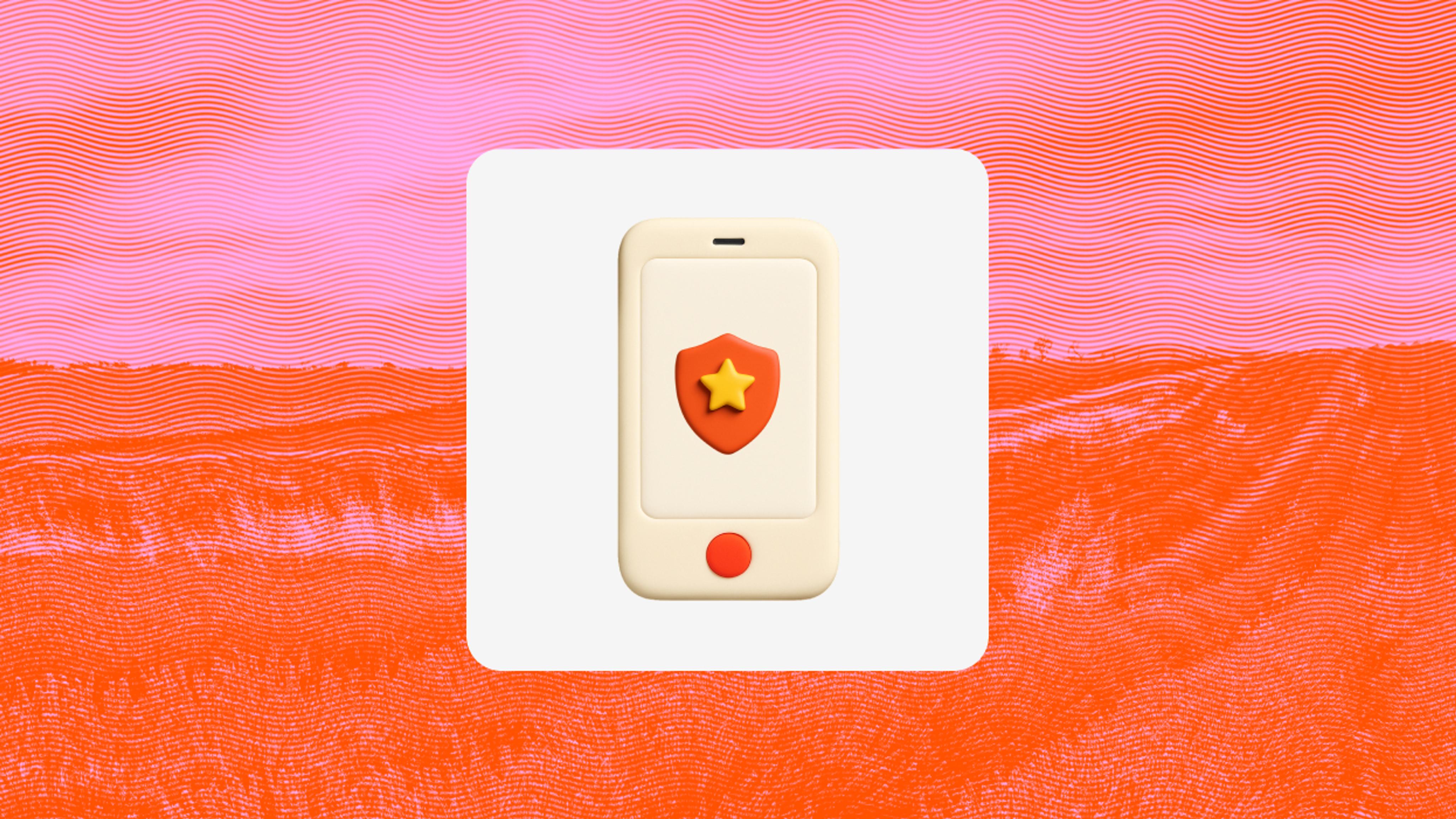 A stylized smartphone icon displaying a shield with a star on the screen appears centered on a pink and orange wavy background, representing secure or protected account access.