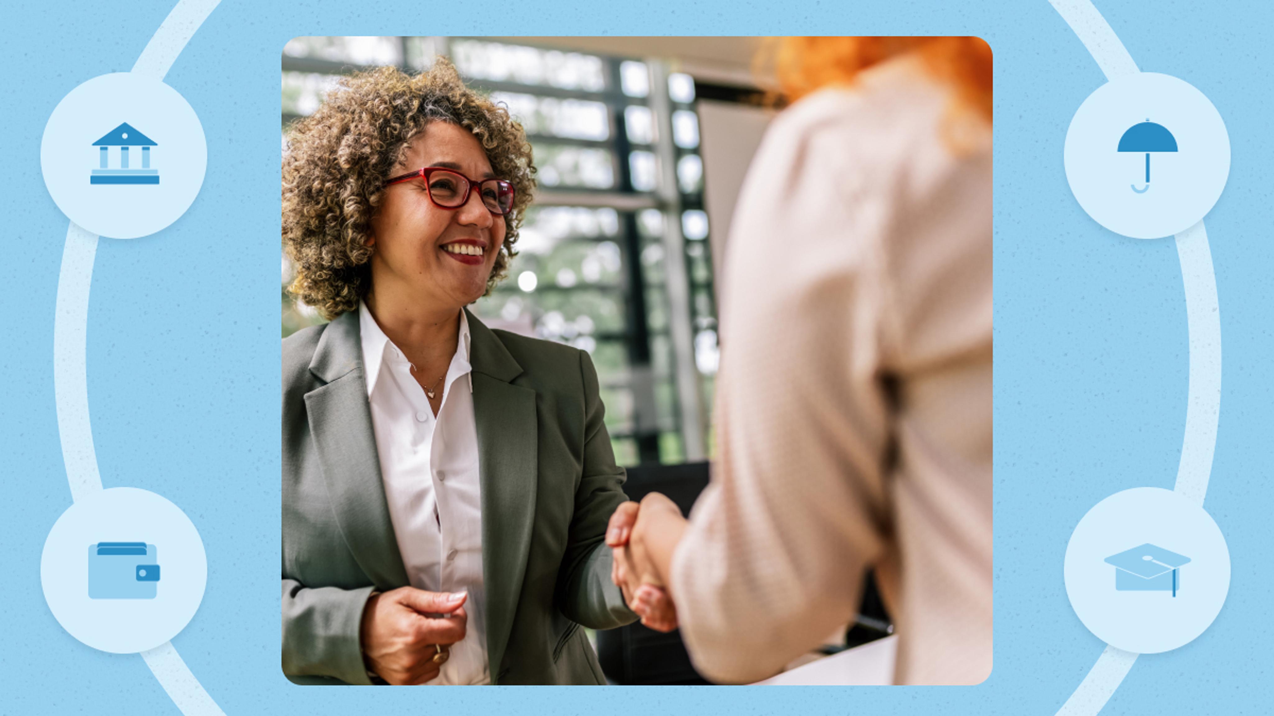 Two women in business attire shake hands indoors, one smiling. The image is bordered by icons representing banking, savings, a wallet, and education.