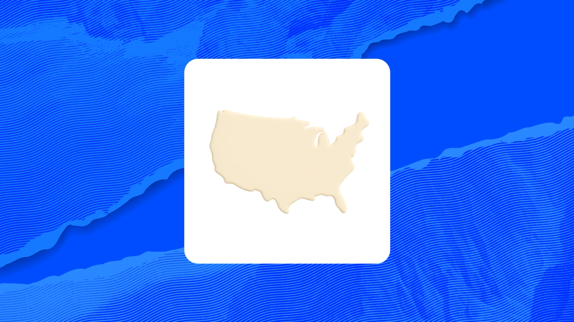 Stylized map of the United States on a white square over a blue patterned background