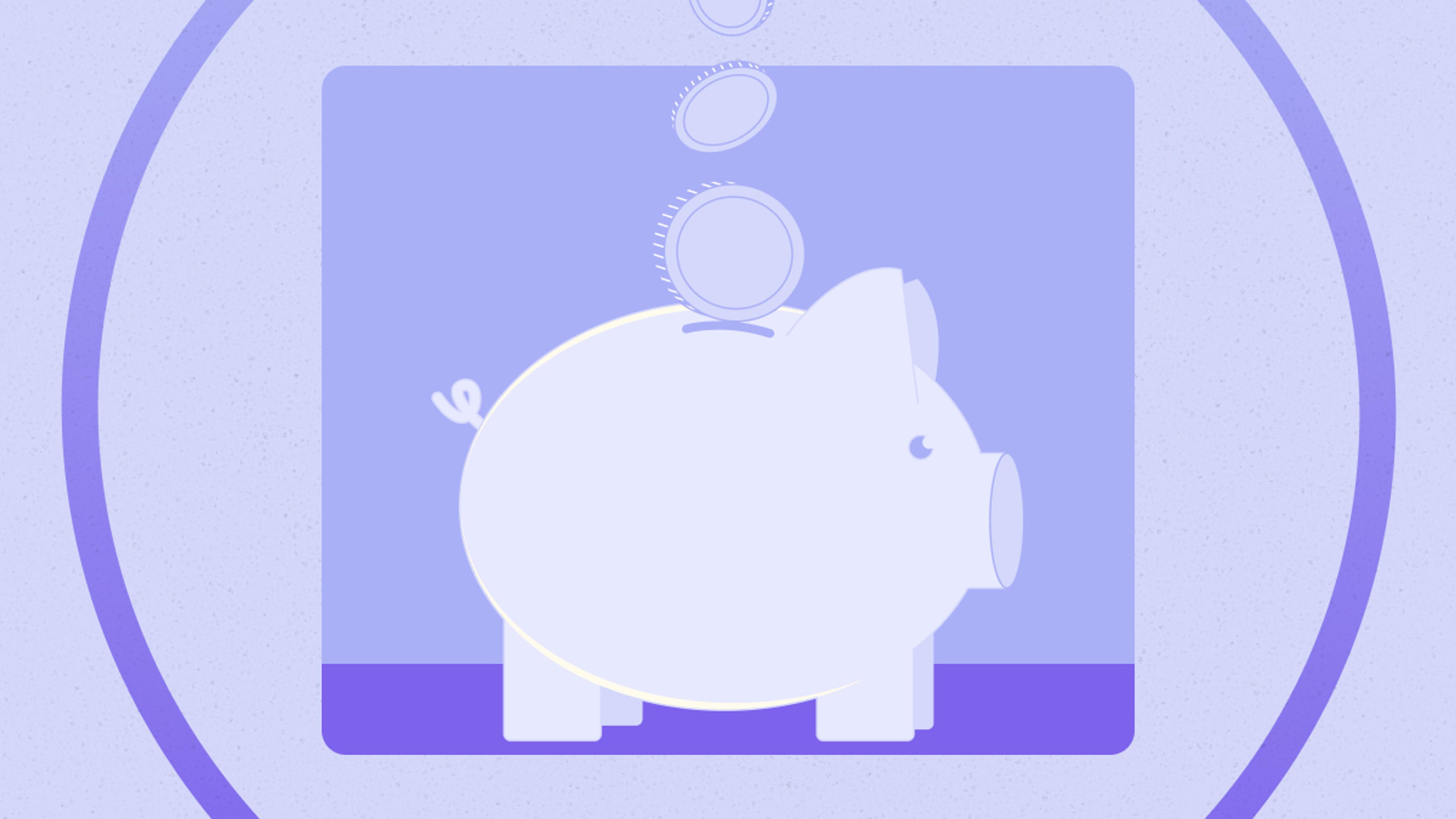 Illustration of a piggy bank with three coins being dropped into it, set against a purple background with concentric circles.