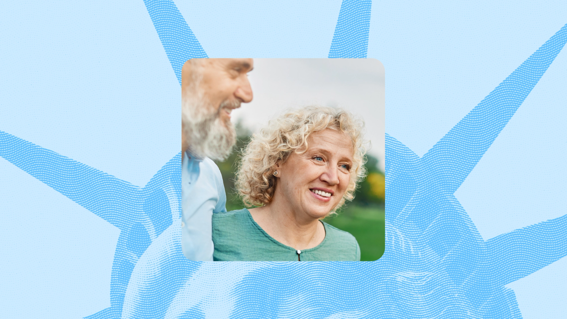 Smiling middle-aged couple outdoors, with a woman in a green top in focus and a bearded man partially visible beside her. The photo is centered within a rounded square frame against a light blue background with abstract wave-like patterns.