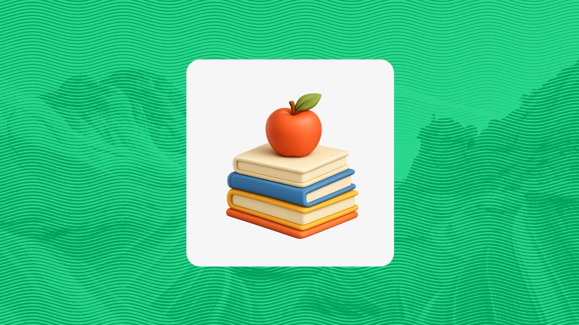 3D illustration of an apple resting on a stack of colorful books against a green wavy background.