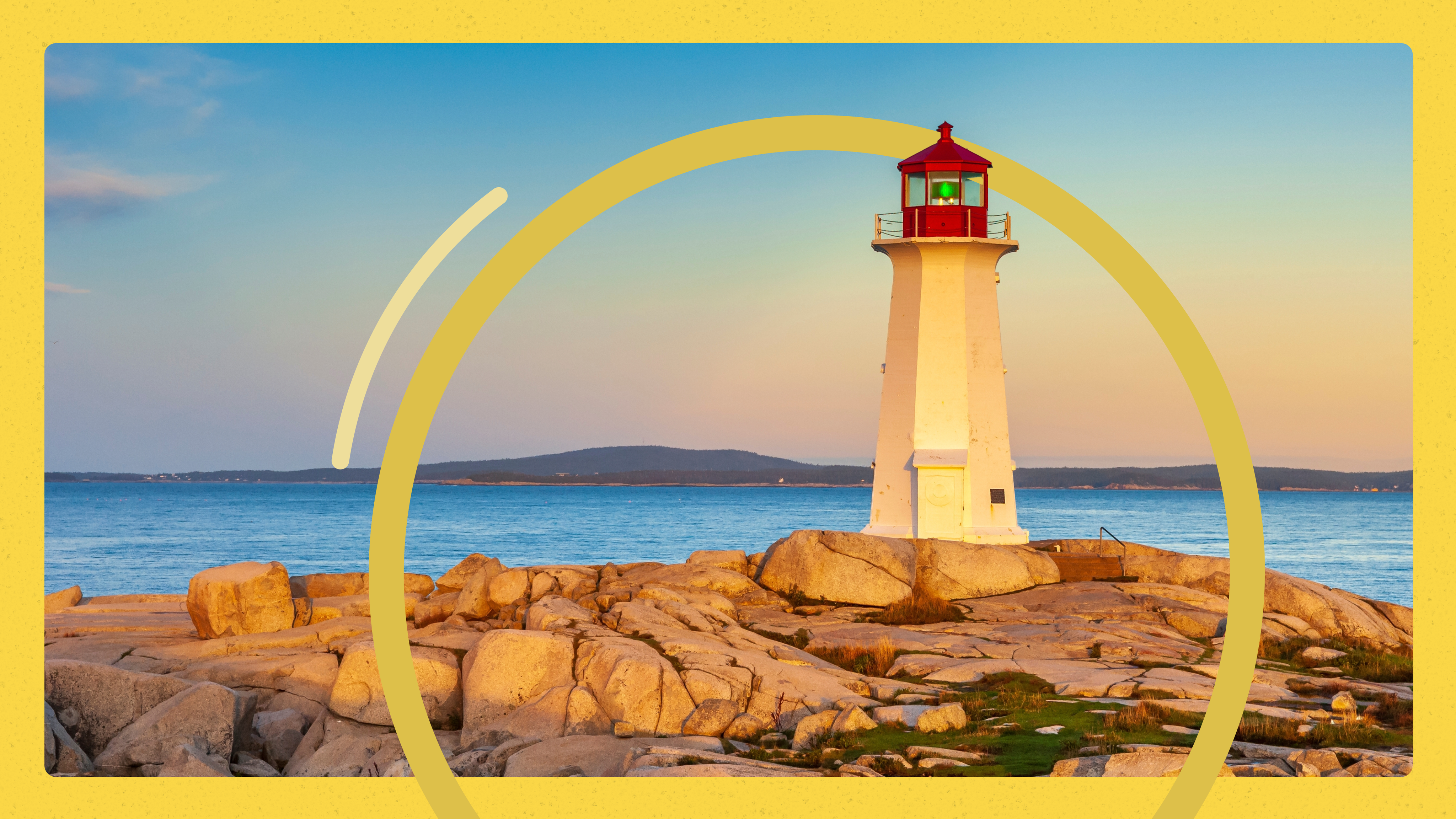 A white lighthouse with a red top stands on rocky terrain by the sea at sunset, with calm blue water and distant hills under a clear sky. Yellow graphic elements frame the image.