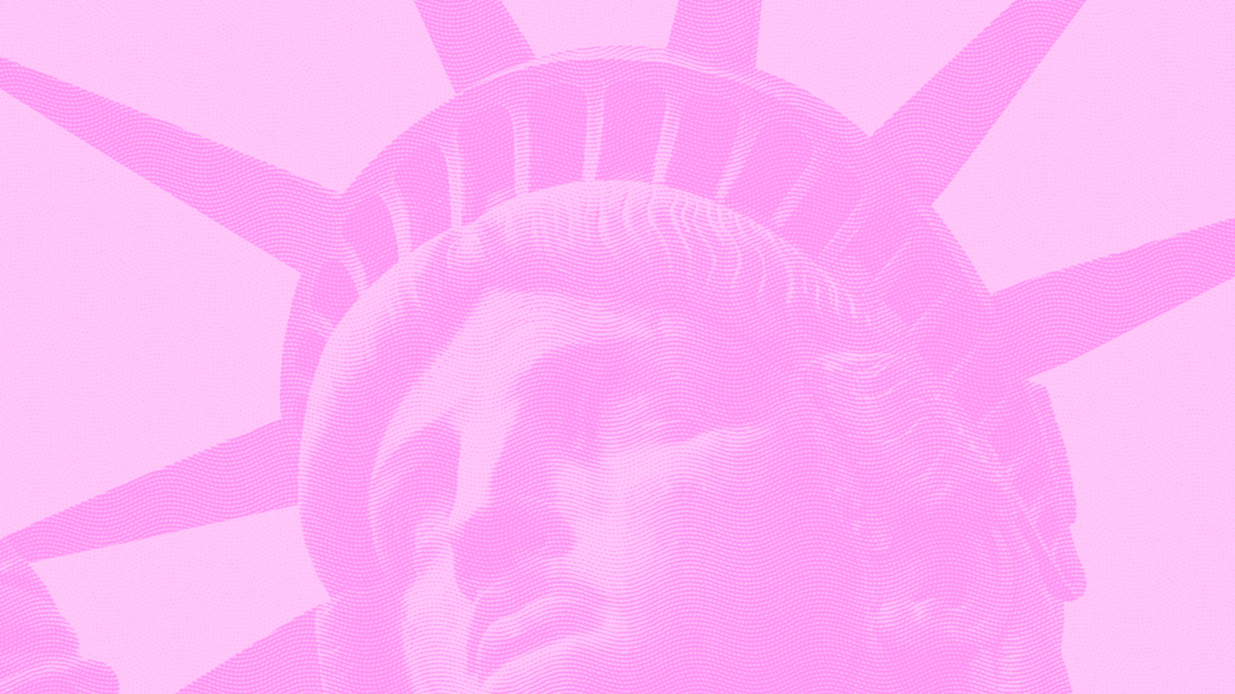 Close-up of the Statue of Liberty's face and crown, shown in pink monochrome colors.