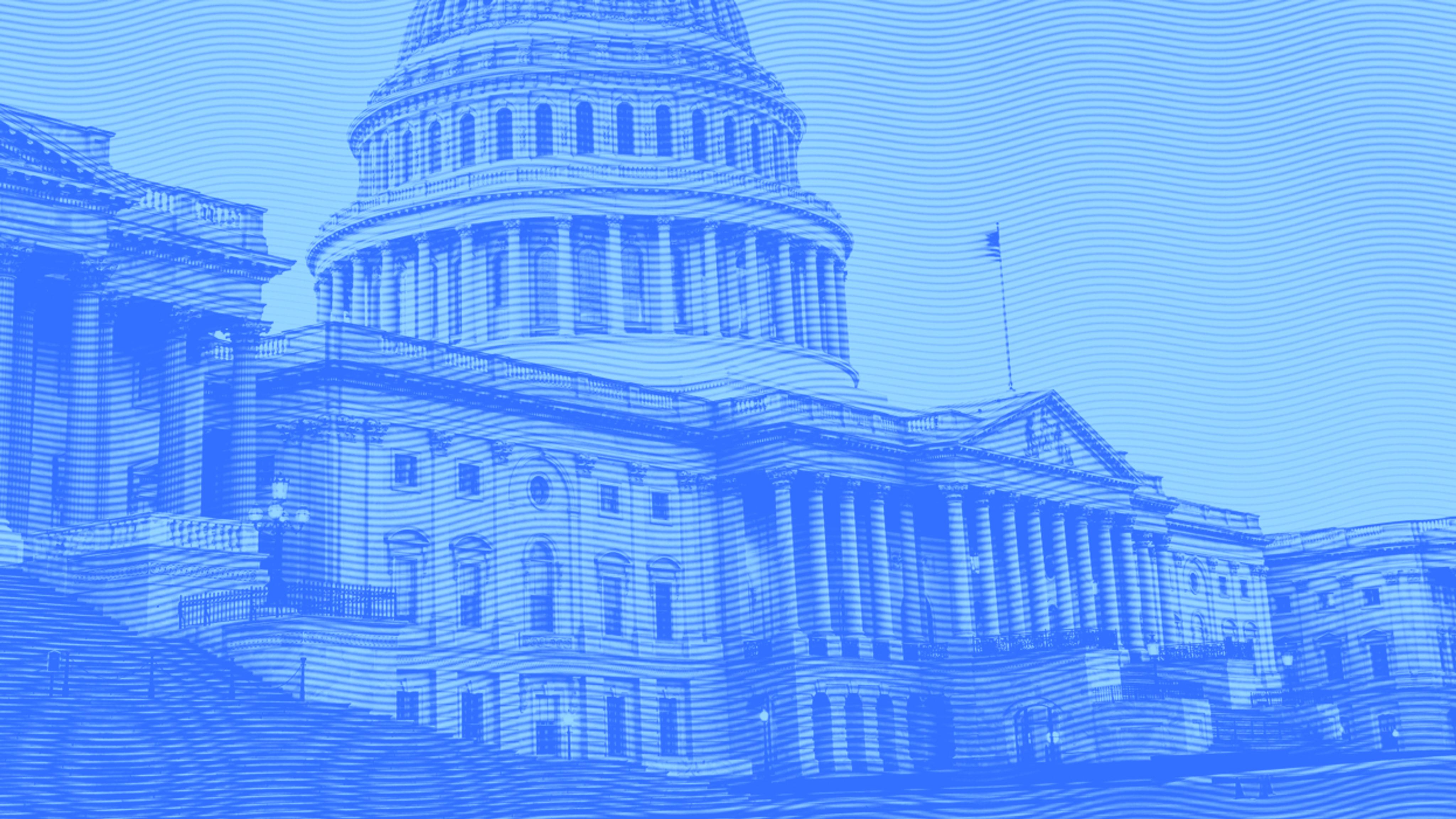 The U.S. Capitol building with a blue color overlay and wavy line patterns across the entire image.