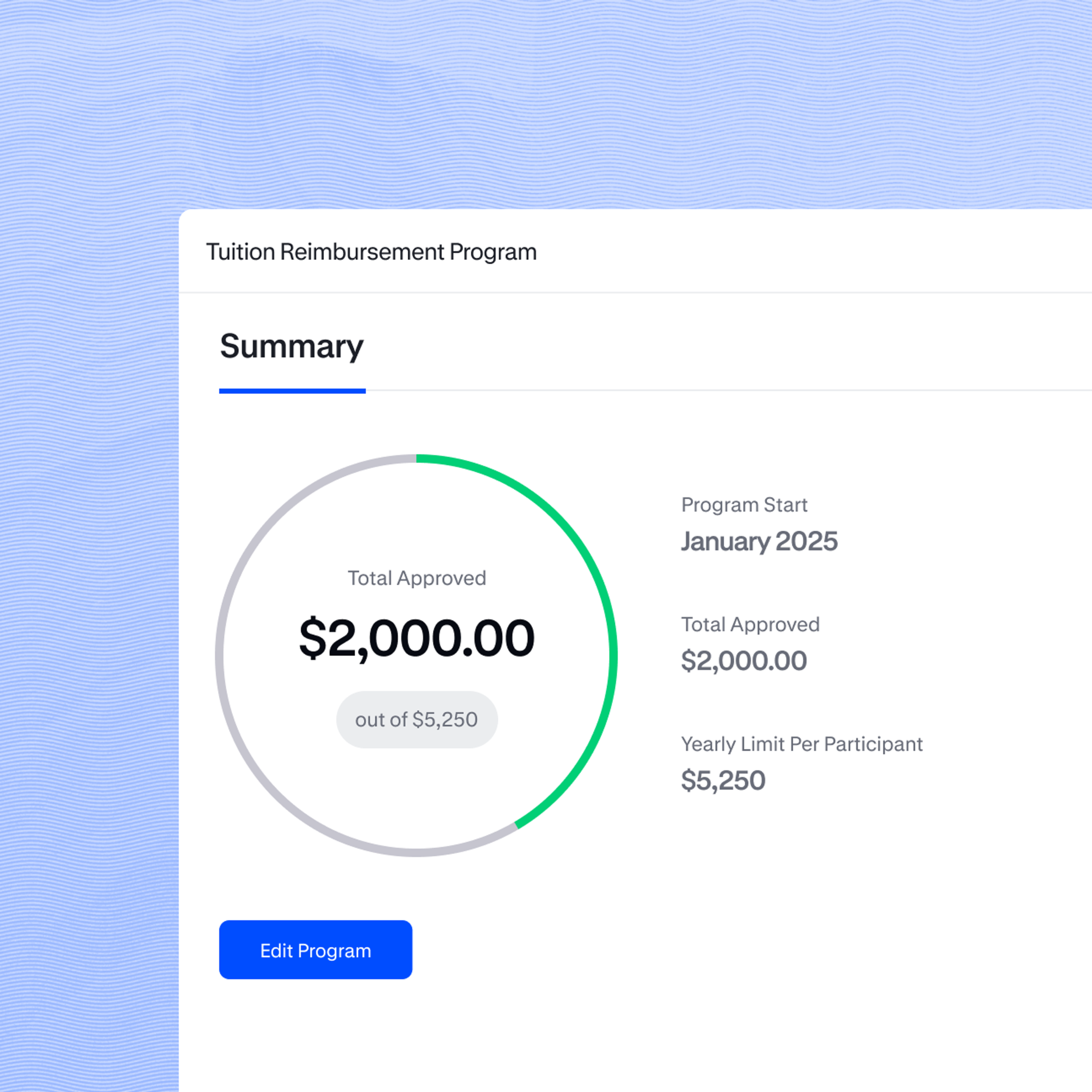 Tuition reimbursement screen showing total approved and program information.