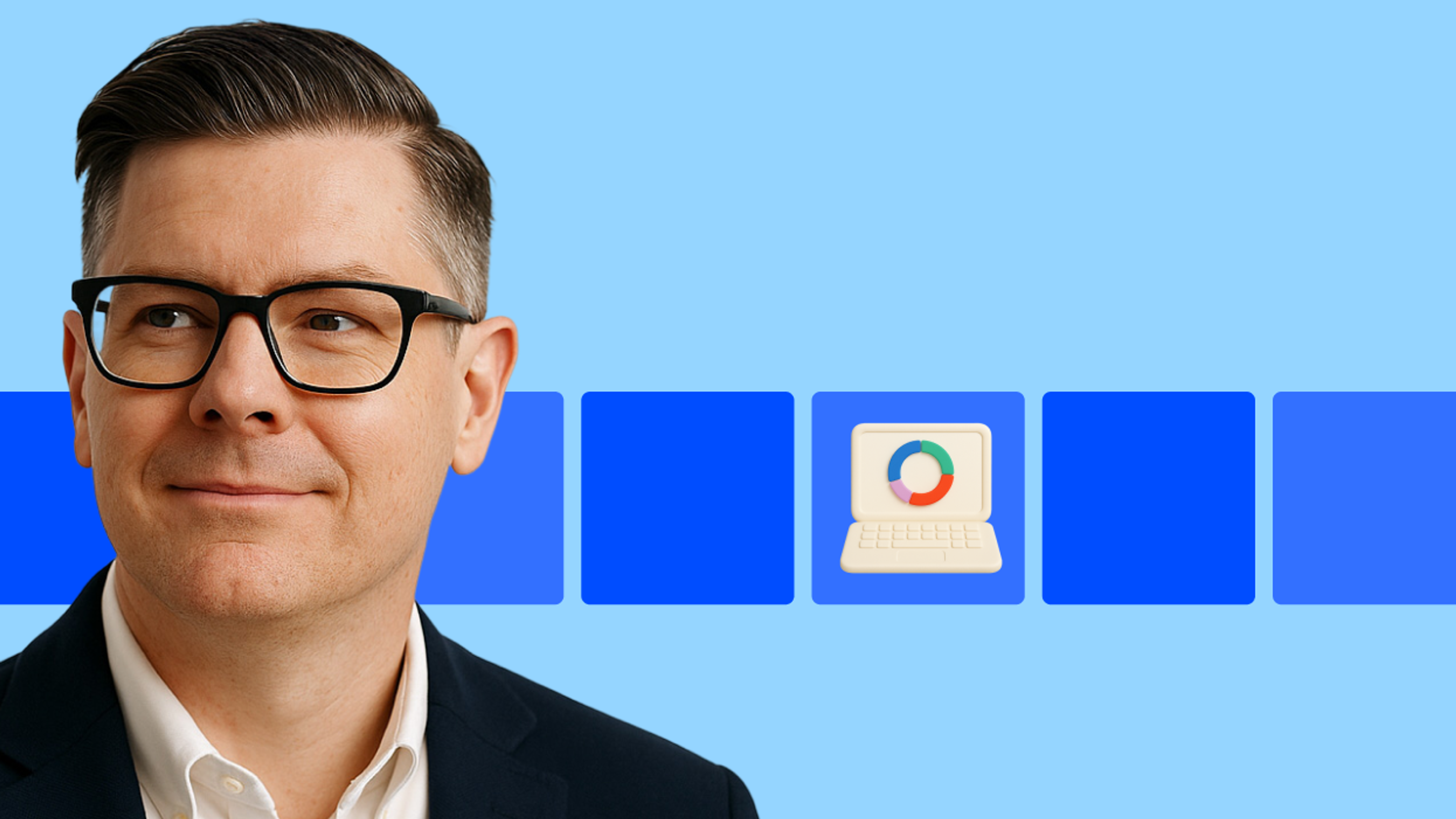 Man wearing glasses and a suit jacket stands in front of a blue background with blue squares and a laptop icon featuring a colorful chart.