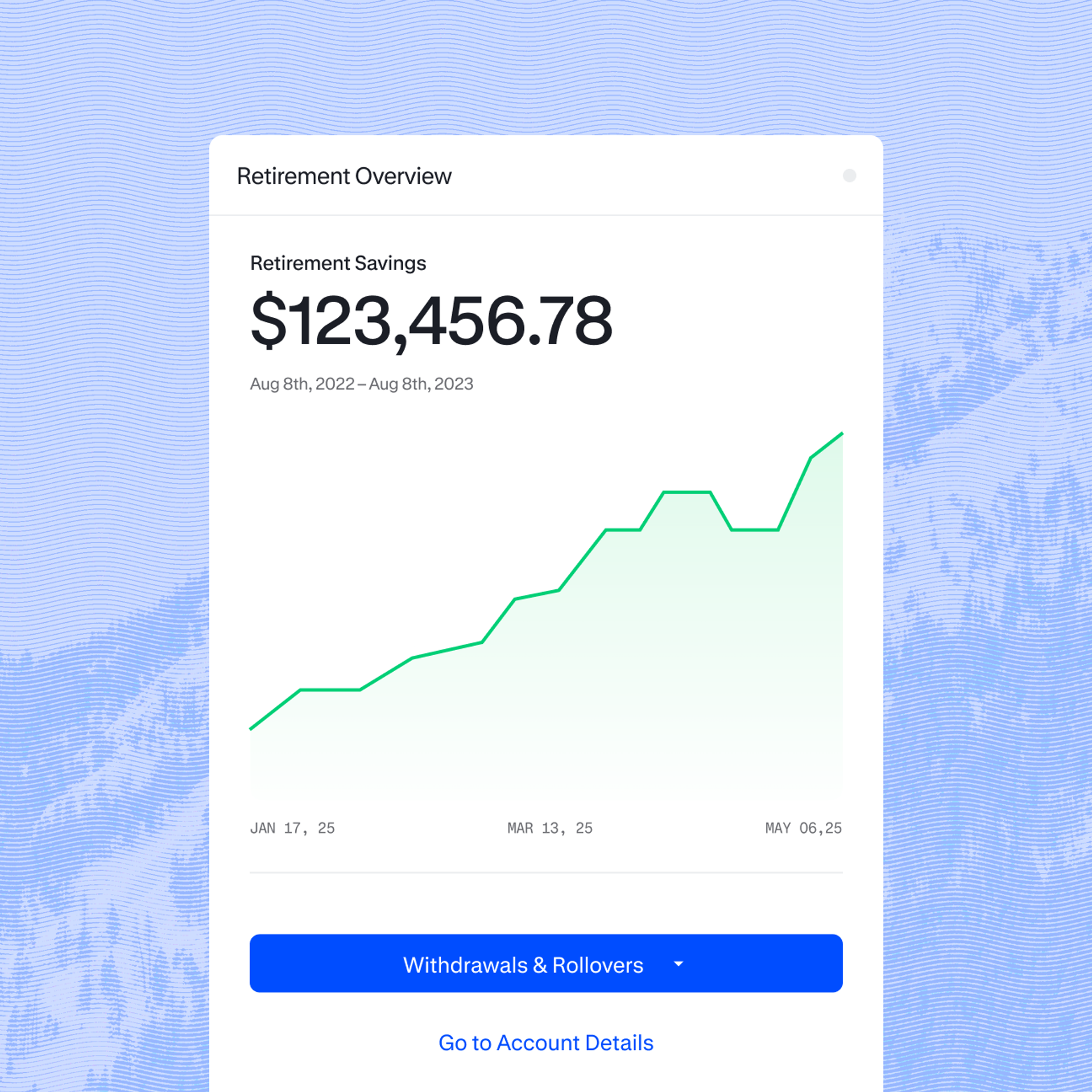 Retirement overview screen showing a $123,456.78 savings balance, an upward trend chart, and options for withdrawals, rollovers, and account details.