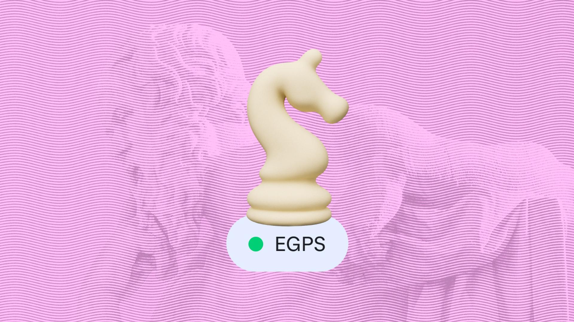 A cream-colored chess knight piece is centered against a wavy pink background. Below it, a green dot with "EGPS" is displayed, suggesting activation or status.