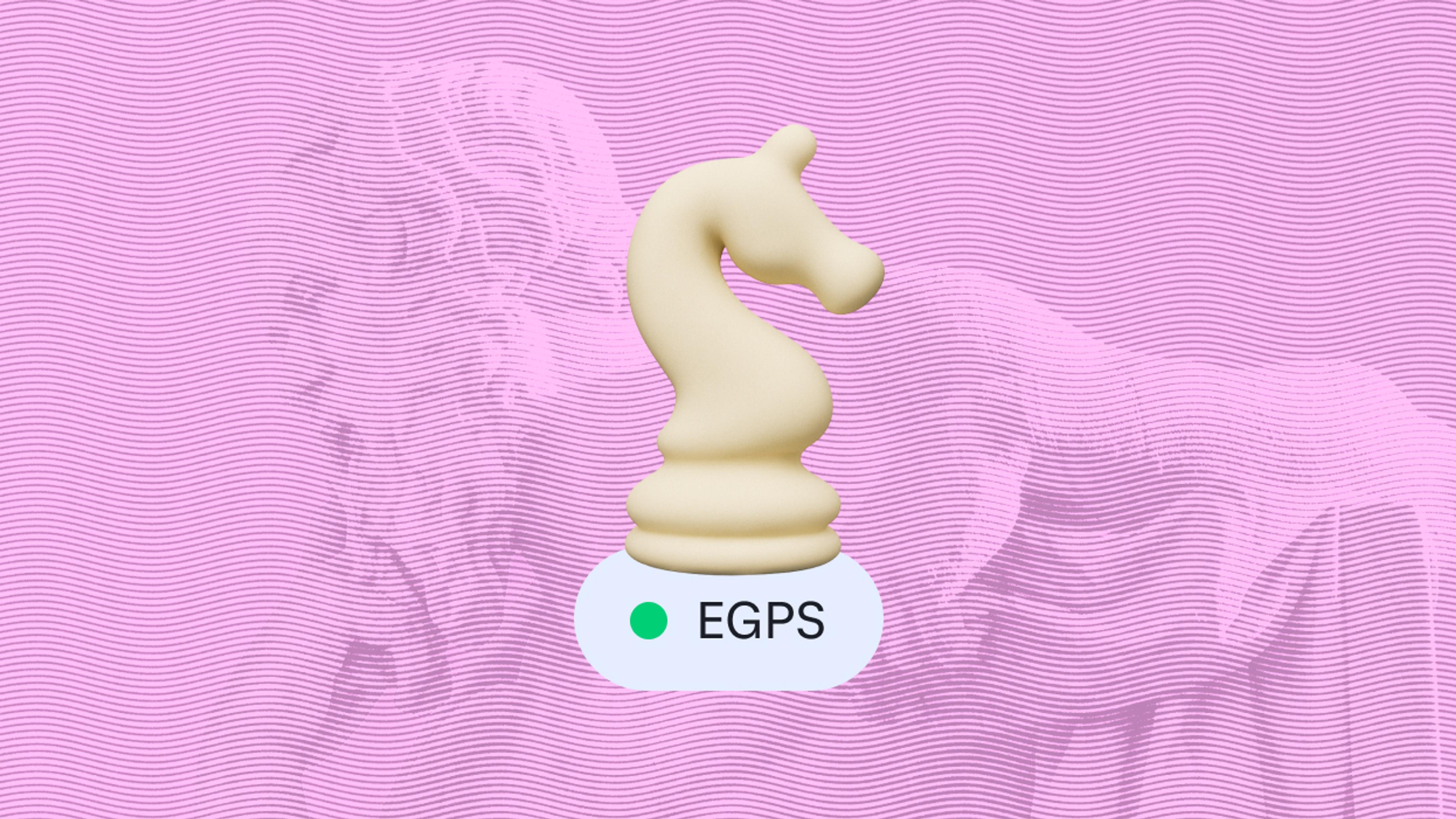 A cream-colored chess knight piece is centered against a wavy pink background. Below it, a green dot with "EGPS" is displayed, suggesting activation or status.