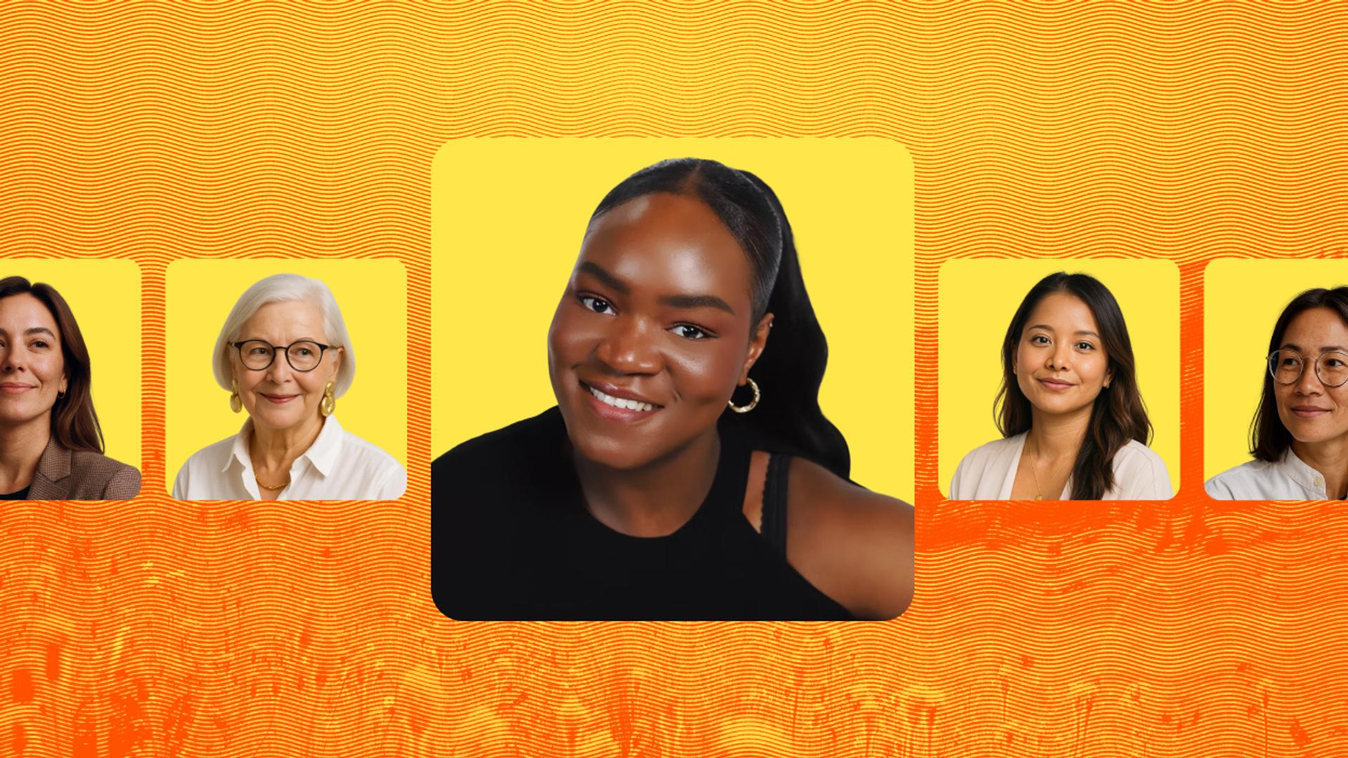 Collage of five women of different ages and backgrounds in portrait frames against a bright orange patterned background, with a central smiling woman featured prominently.